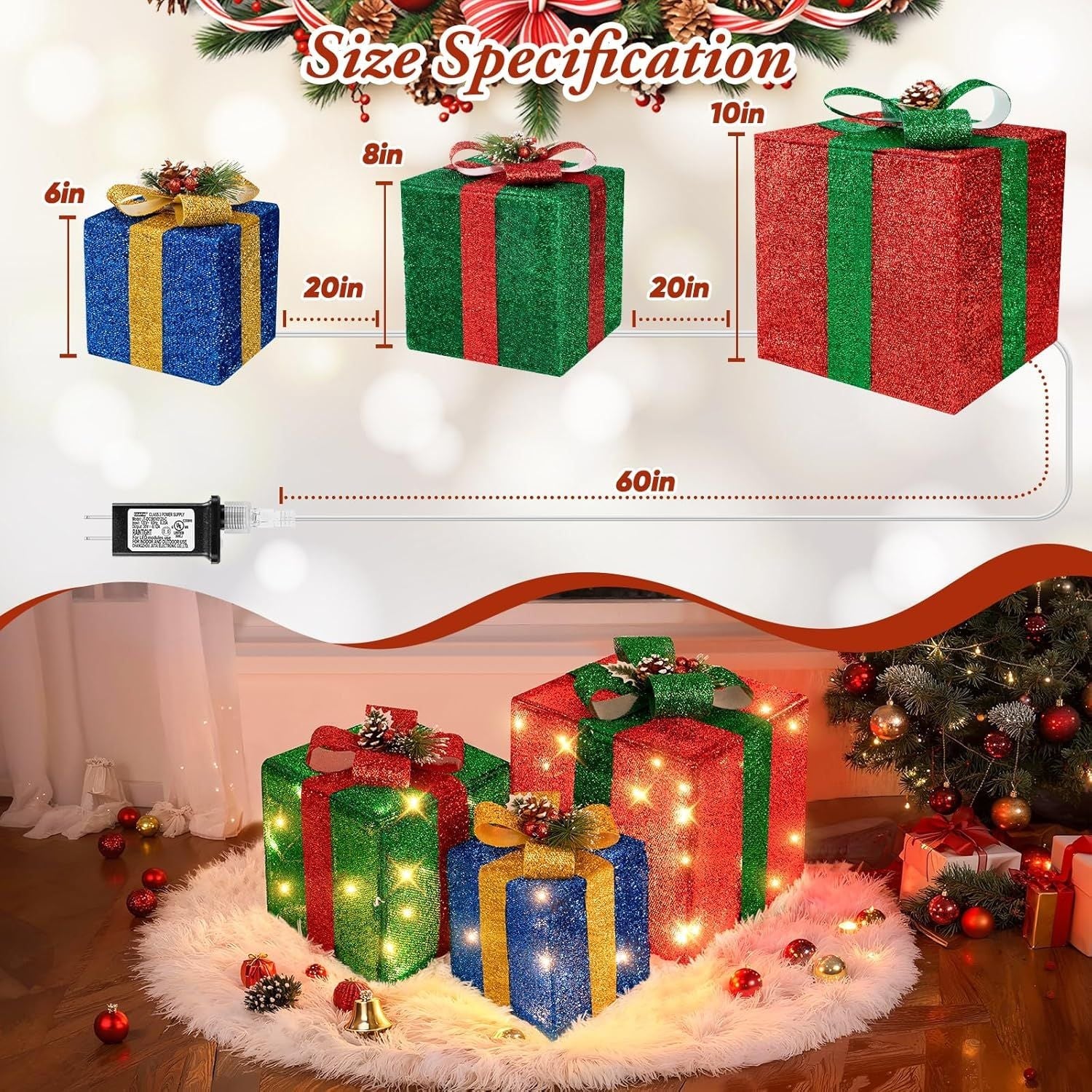 3 Pieces Large Gift Boxes for Christmas Decorations Outdoor, 10" 8" 6" with Pre-lit 70 LED Mini String Lights, Plug-in Warm White Present Boxes with Glitter for Christmas Wedding Party