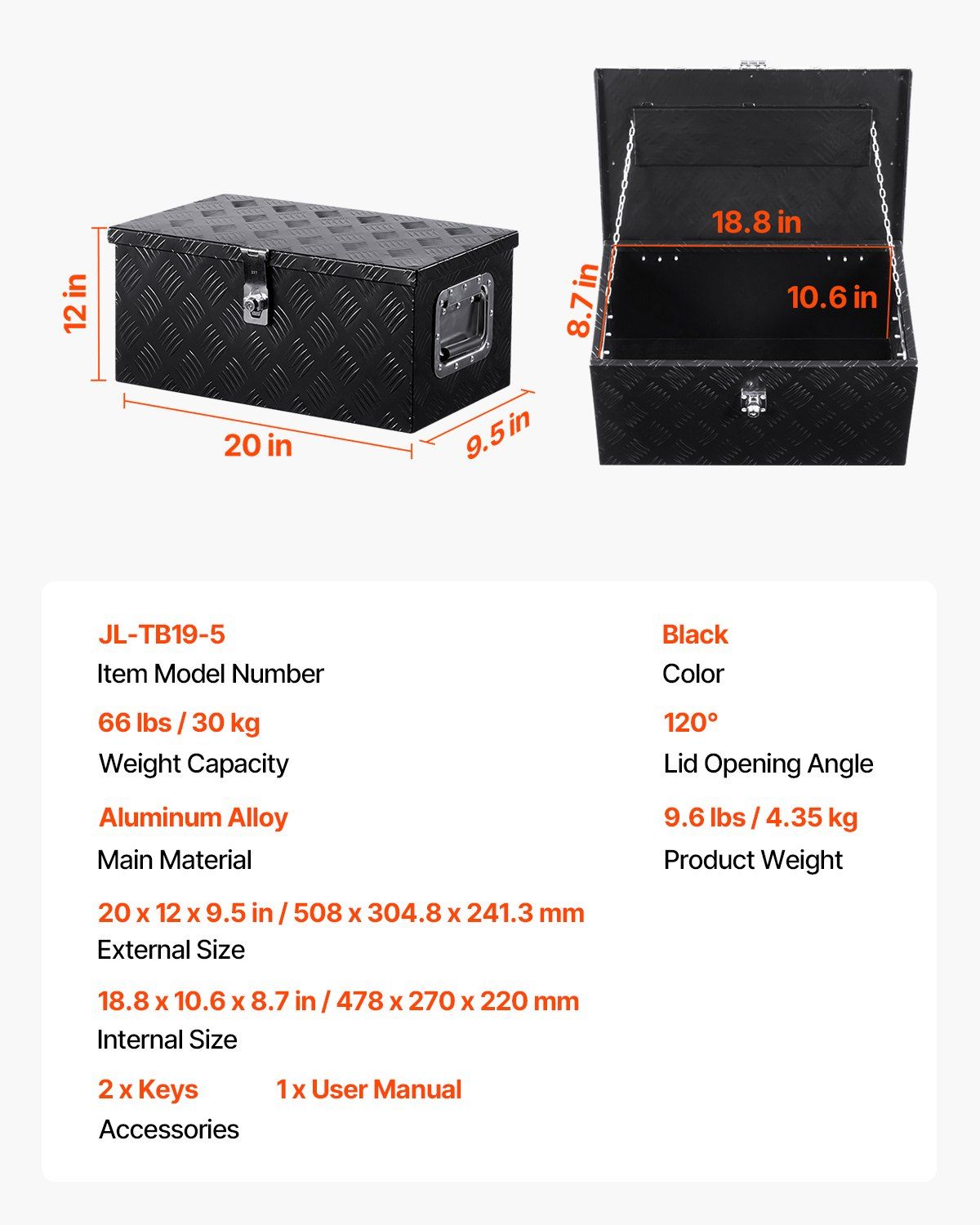 20"x12"x9.5" Heavy Duty Aluminum Truck Bed Tool Box for Pickup RV Black