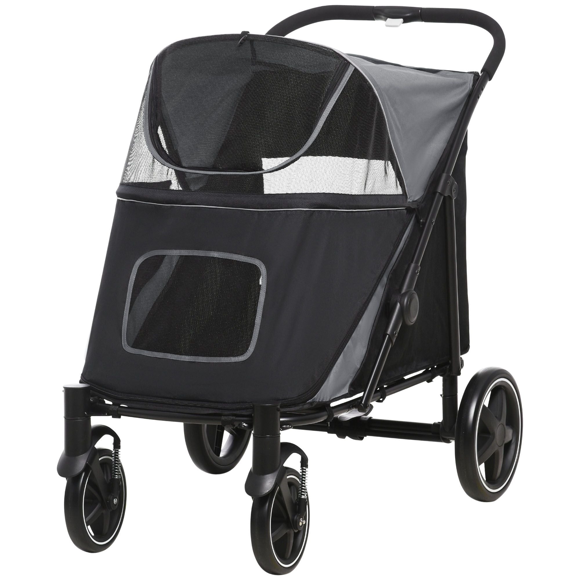 Pet Stroller Dog Cat Carriage One Click Fold with Universal Front Wheels Shock Absorber Brakes Storage Bags Mesh Window