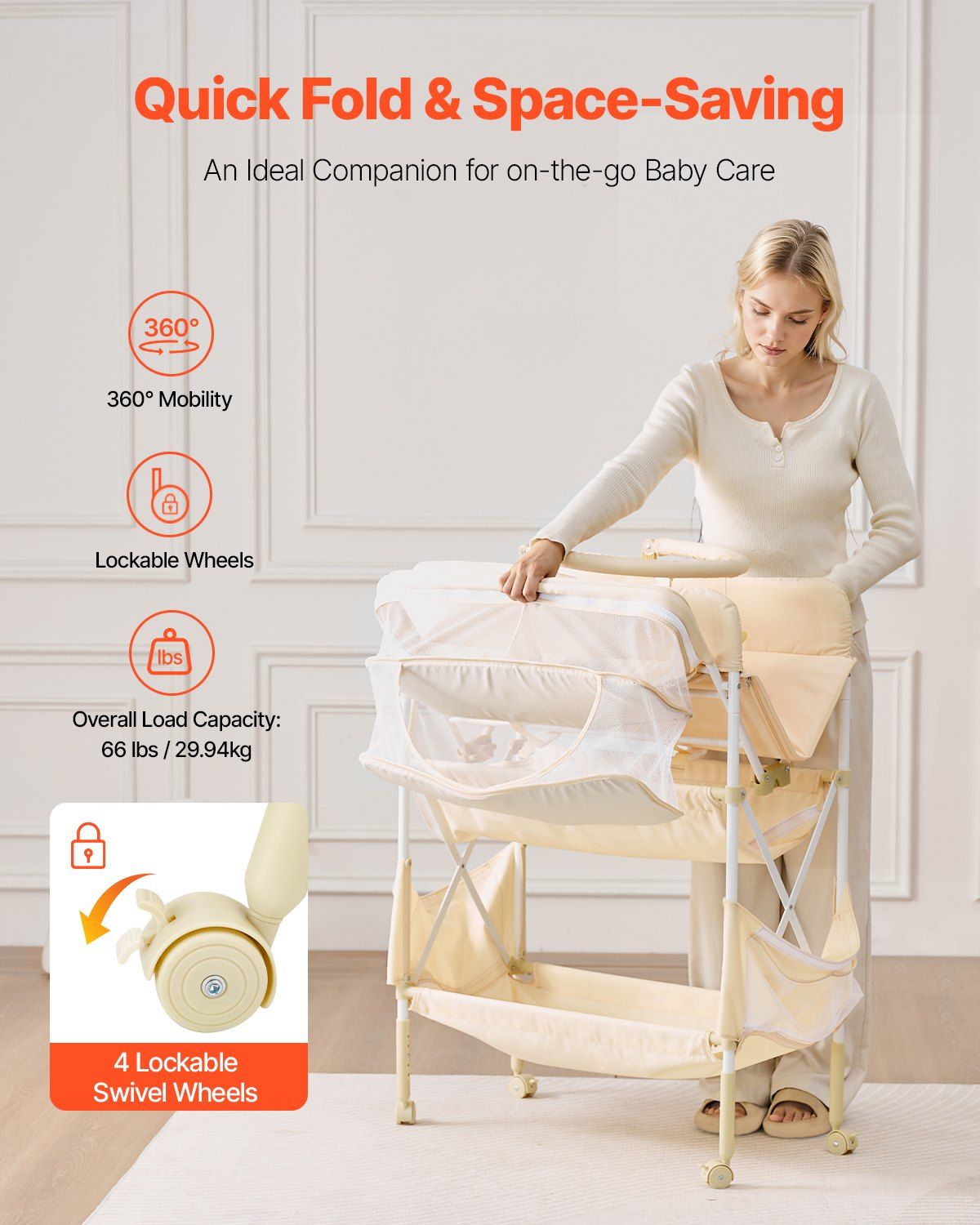 Baby Changing Table, Foldable Diaper Change Station with 2 Fabric Drawers, Side Basket & Hanging Rod, Adjustable Height Portable Changing Table with Lockable Wheels & 2 Star Toys, Light Beige