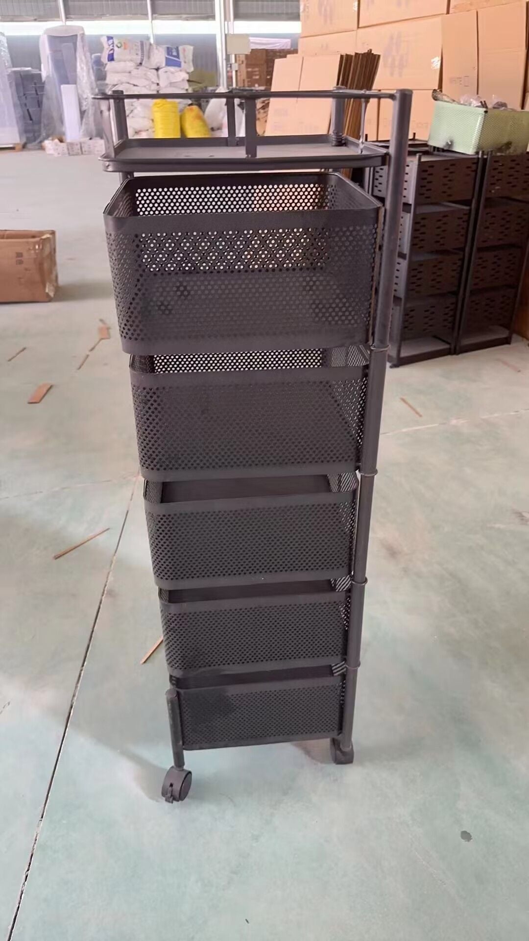 Rotating Kitchen Storage Shelf 5 Tier, Metal Fruit Vegetable Storage Basket Multi-Layer Vegetable Rack Storage Trolley on Wheels, Floor-Standing Basket for Kitchen Bathroom, Square