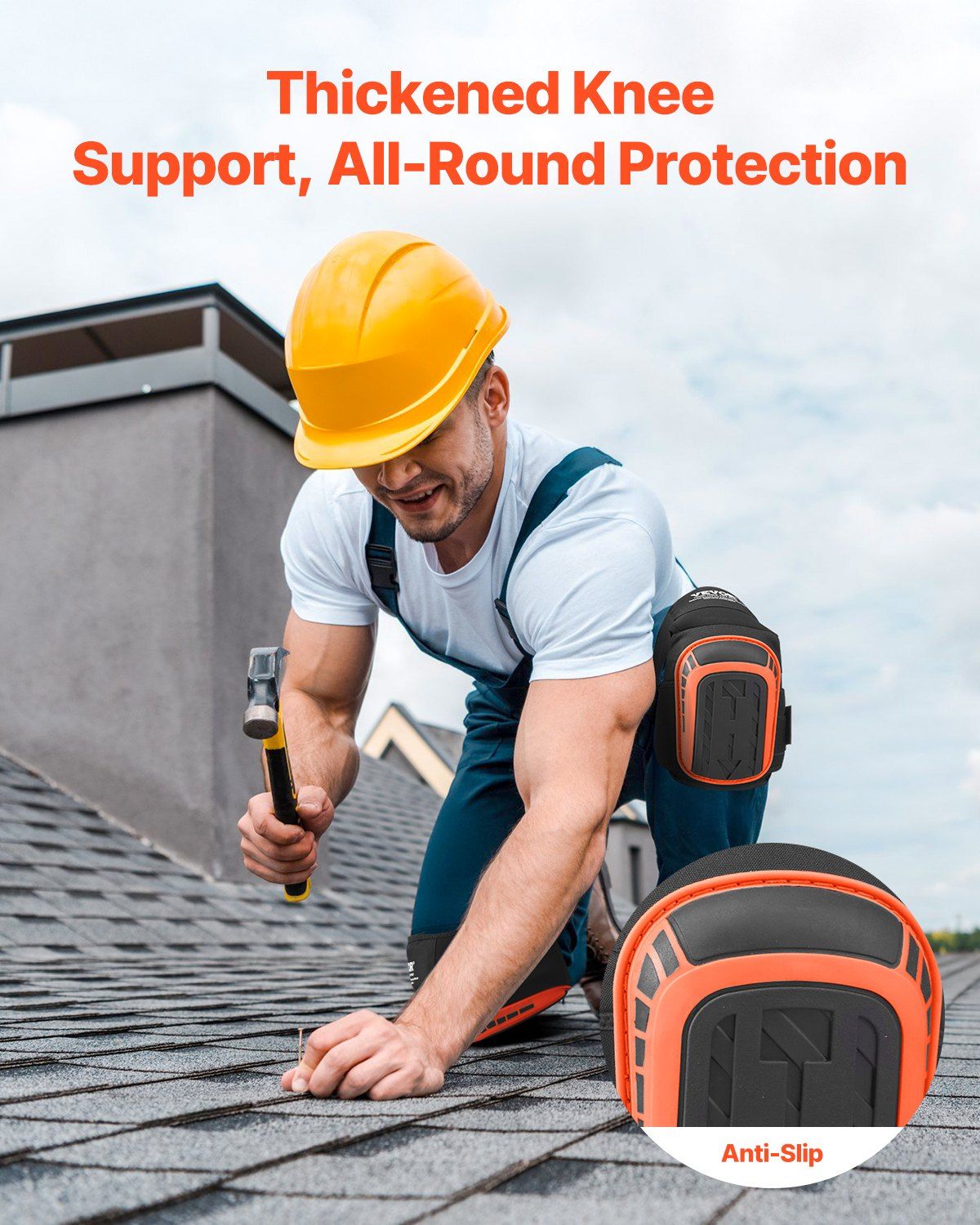 VEVOR Knee Pads for Work, Extended Heavy Duty Construction Knee Pads with 2 Extension Straps, Anti-Slip Foam Gel Knee Pads, Men & Women, for Gardening Flooring Roofing and Cleaning, Black and Orange