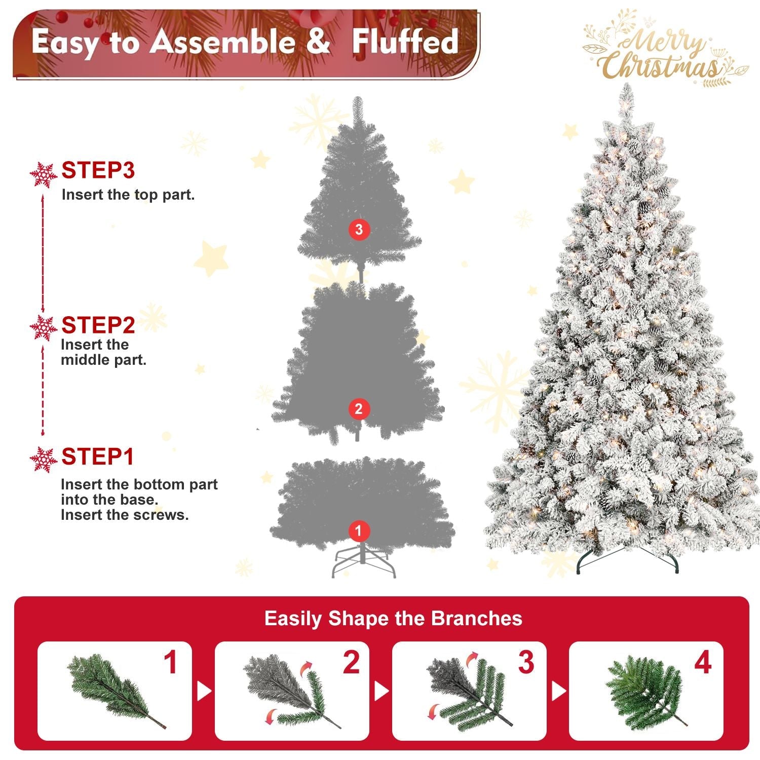 8ft Pre-lit Flocked Christmas Tree with 700 UL Lights & 54 Pine Cones & 1754 Tips Snow Frosted Artificial Xmas Tree