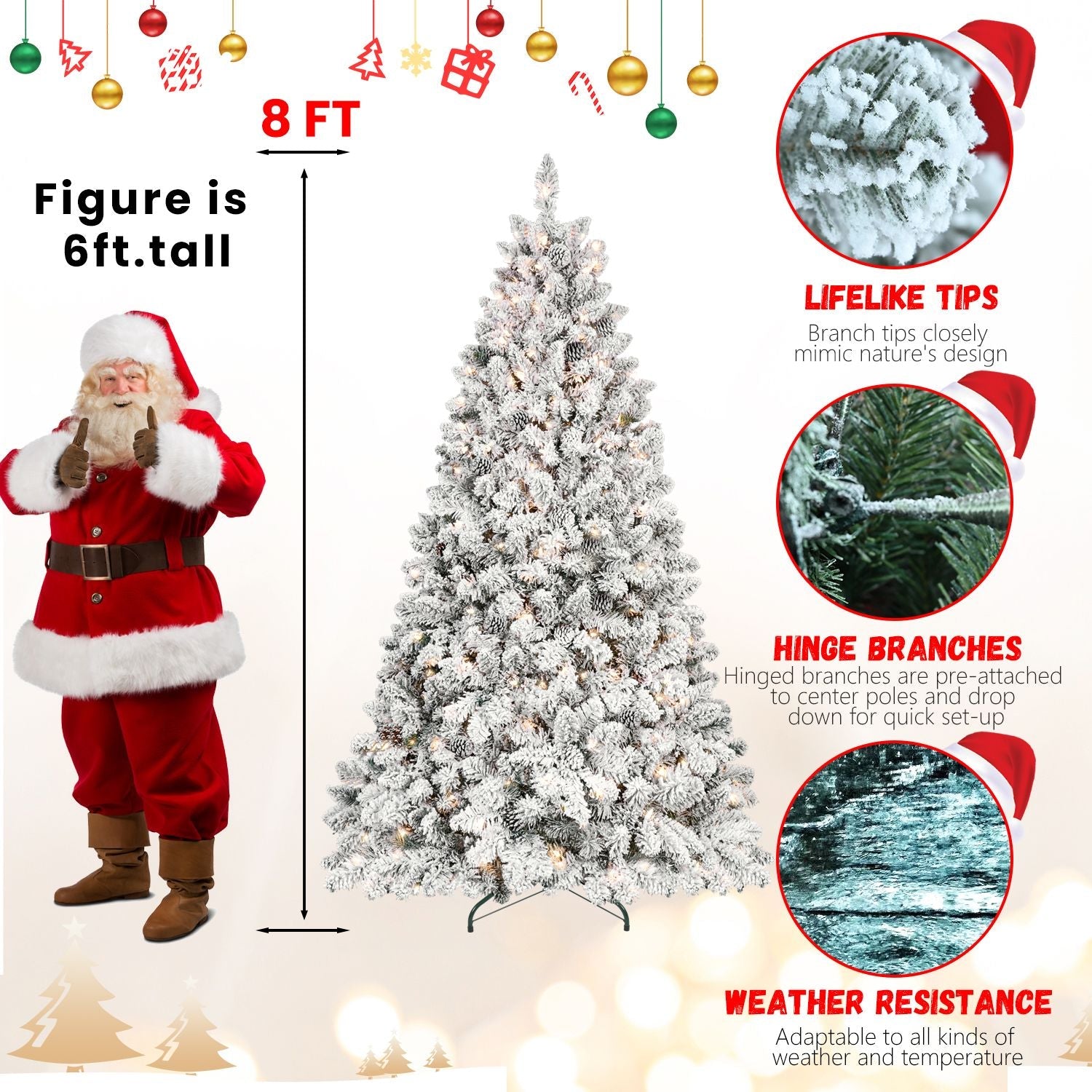 8ft Pre-lit Flocked Christmas Tree with 700 UL Lights & 54 Pine Cones & 1754 Tips Snow Frosted Artificial Xmas Tree