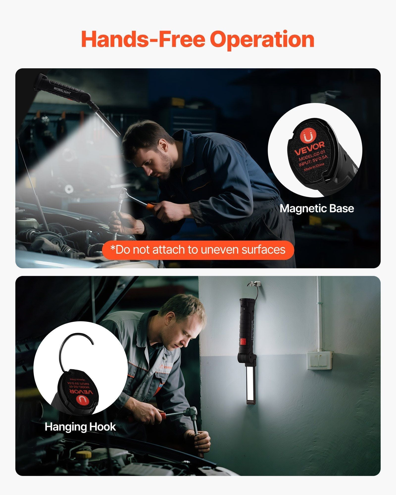 Rechargeable LED Work Light, 1200 mAh, Magnetic Mechanic Flashlight with Magnetic Base, 360° Rotation, 5 Lighting Modes, Foldable Grill Lamp for Mechanics, Car Repairs, Home, Emergency (2 Pack)