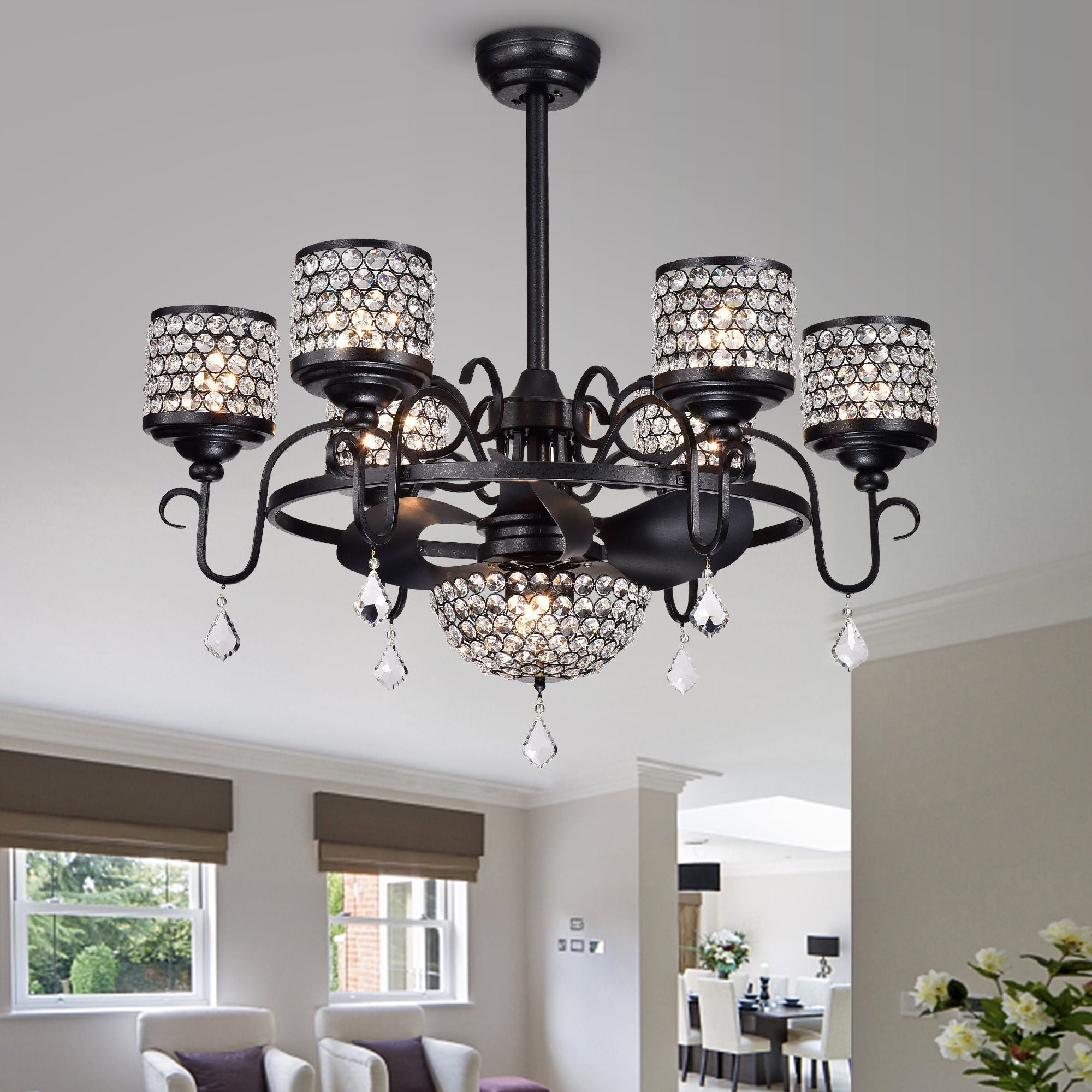 Torbay 7-light 35-inch Forged Black Lighted Ceiling Fan Crystal Fandelier