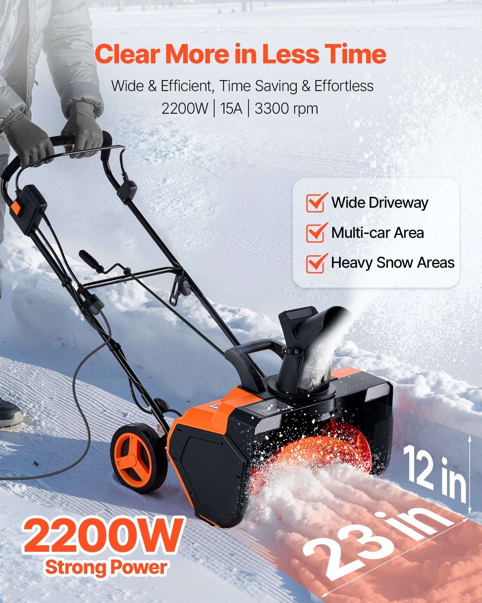 Electric Snow Blower, 23 inch 15A Corded Snow Thrower with Dual LED Headlights & 180° Rotating Chute, 25FT Throwing Distance, 12" Depth Clearing, Walk-Behind Snowblower for Driveway Sidewalk