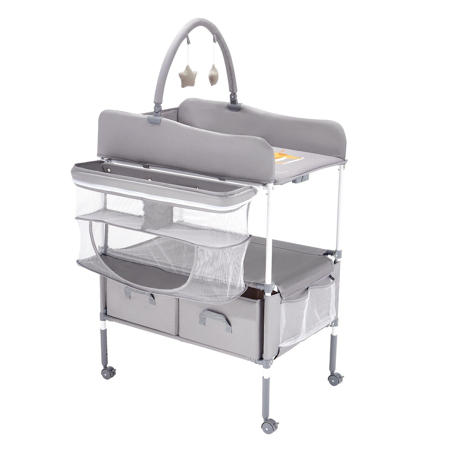 Baby Changing Table, Foldable Diaper Change Station with 2 Fabric Drawers, Side Basket & Hanging Rod, Adjustable Height Portable Changing Table with Lockable Wheels & 2 Star Toys, Light Gray