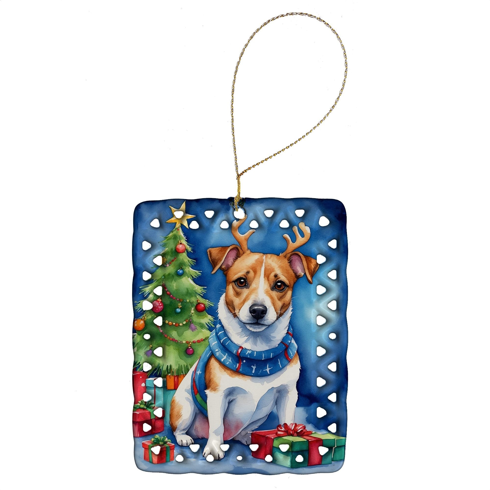 Jack Russell Terrier Christmas Reindeer Porcelain Ornament Christmas Tree Hanging Decorations for Home Christmas Holiday, Rectangle, Gift, Multicolor
