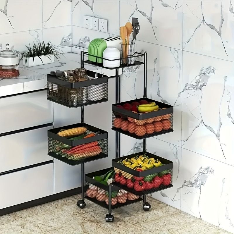 Rotating Kitchen Storage Shelf 5 Tier, Metal Fruit Vegetable Storage Basket Multi-Layer Vegetable Rack Storage Trolley on Wheels, Floor-Standing Basket for Kitchen Bathroom, Square