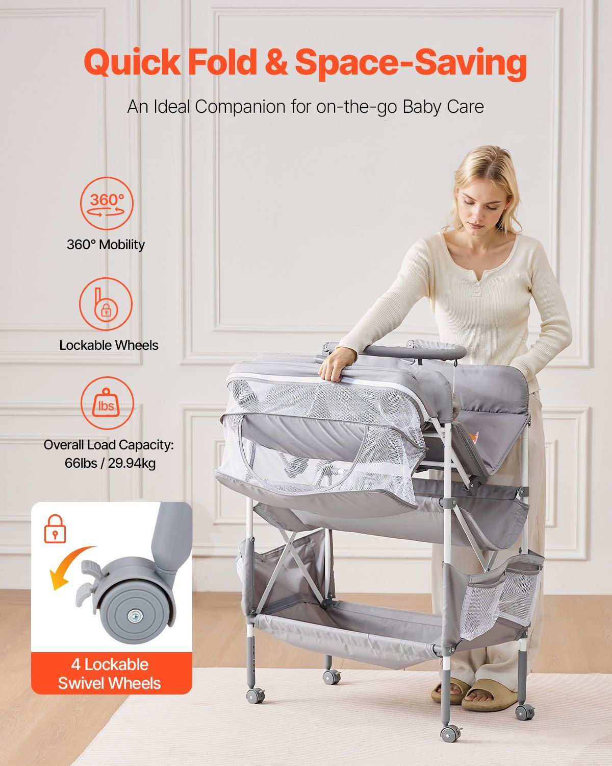 Baby Changing Table, Foldable Diaper Change Station with 2 Fabric Drawers, Side Basket & Hanging Rod, Adjustable Height Portable Changing Table with Lockable Wheels & 2 Star Toys, Light Gray