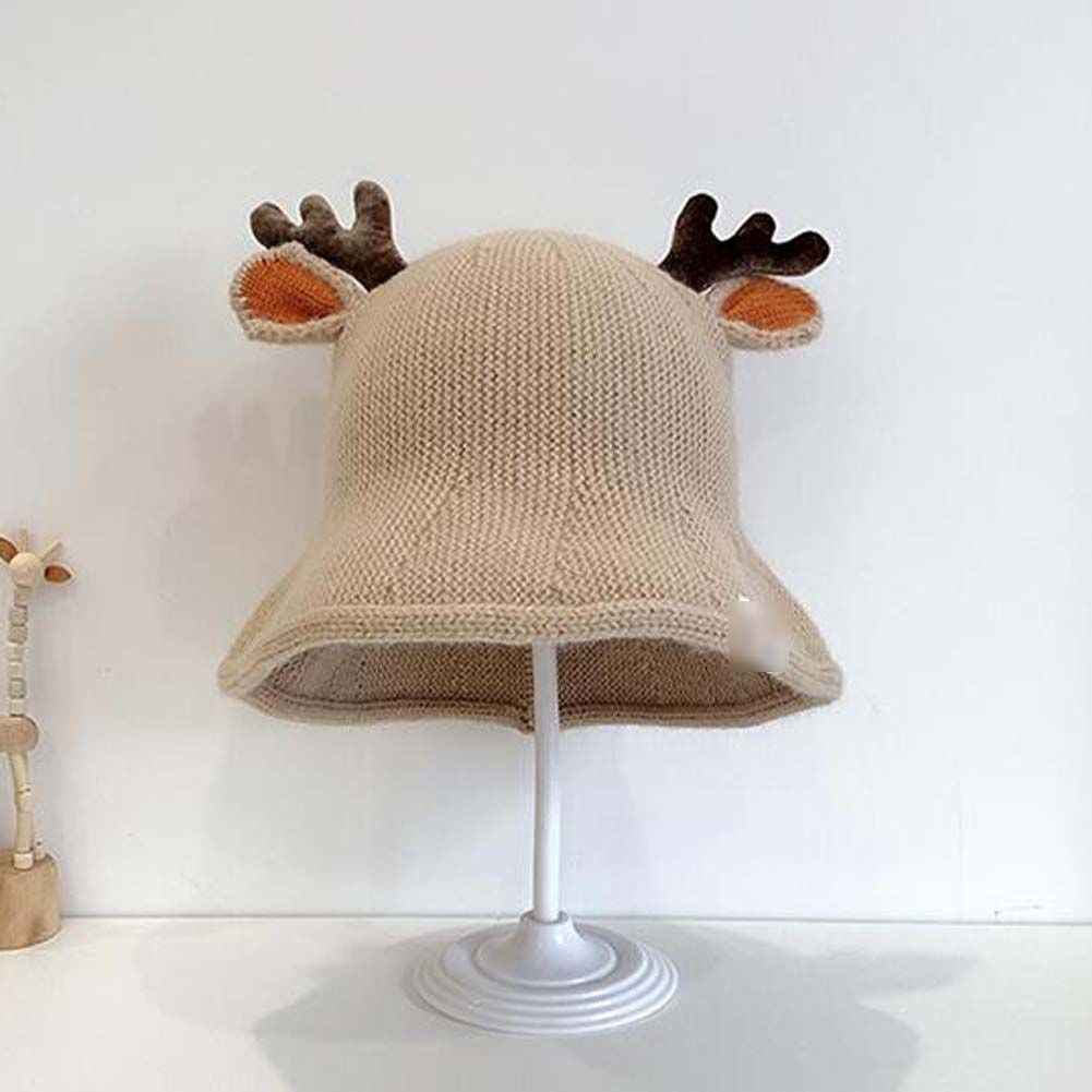 Beige Cute Kids Fall Winter Hat Antler Christmas Hat Boys Girls Bucket Hat Warm Knitted Hat, 1-3Y