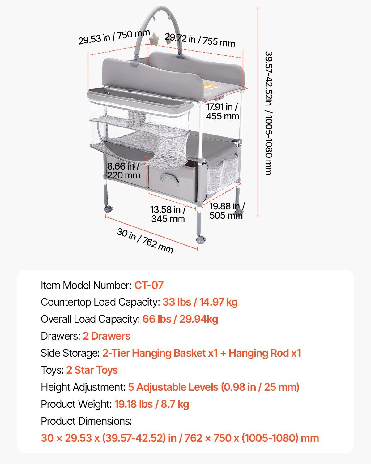 Baby Changing Table, Foldable Diaper Change Station with 2 Fabric Drawers, Side Basket & Hanging Rod, Adjustable Height Portable Changing Table with Lockable Wheels & 2 Star Toys, Light Gray