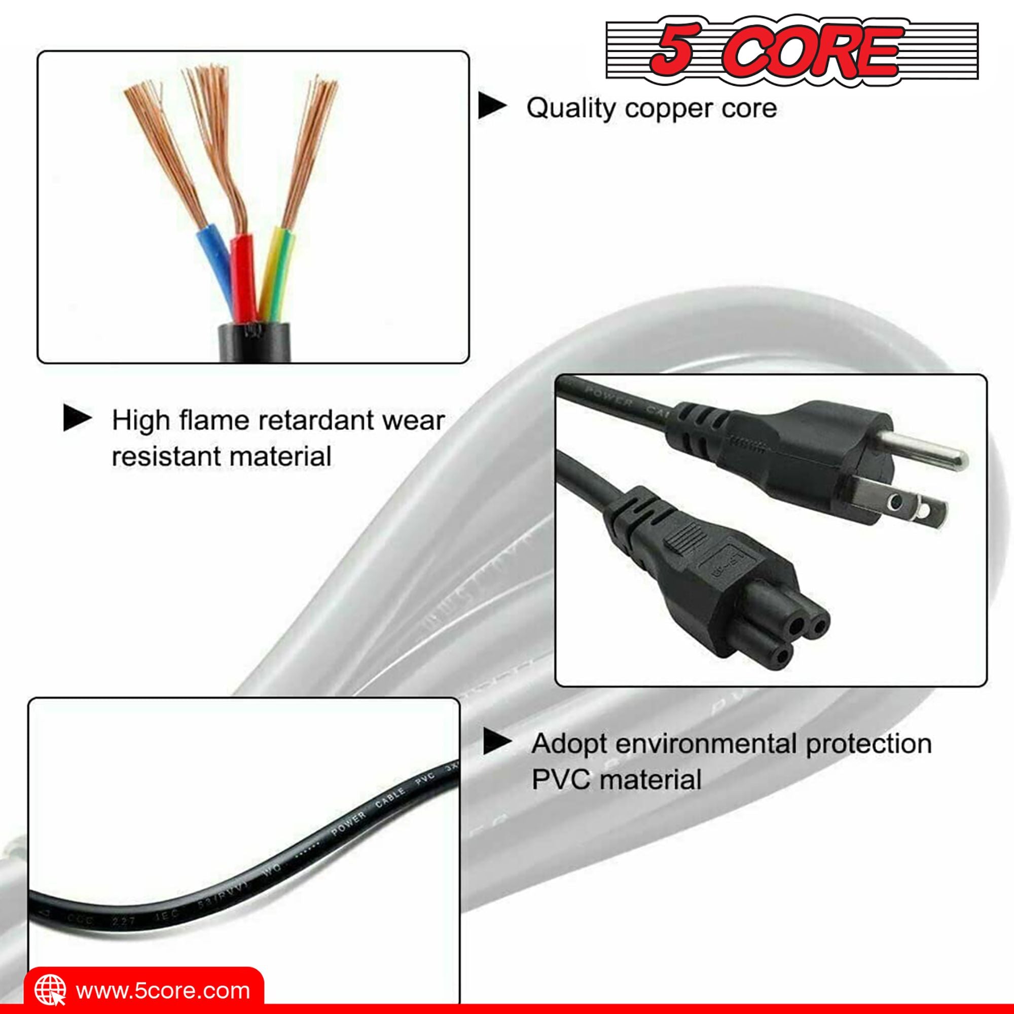 12ft 3 Prong Non-Polarized AC Wall Power Cable Cord for HP Dell Samsung Sony Asus Acer Toshiba Laptop Charger LED LCD Monitor Replacement Power Cord PL 1002