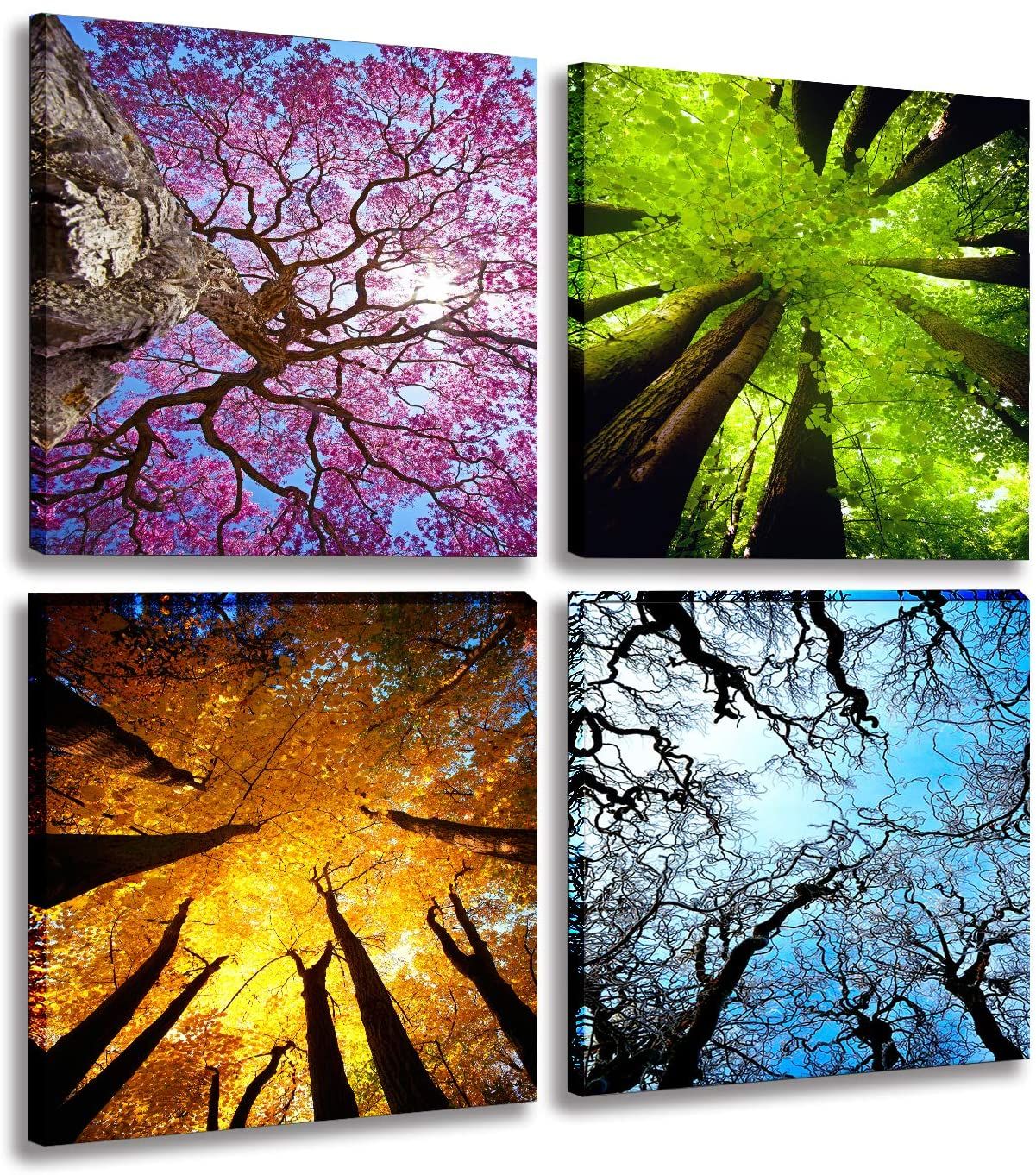 4 Panels Canvas Wall Art Spring Summer Autumn Winter Four Seasons Landscape Color Tree Painting Picture Prints Modern Giclee Artwork Stretched and Framed for Living Room Home Decoration