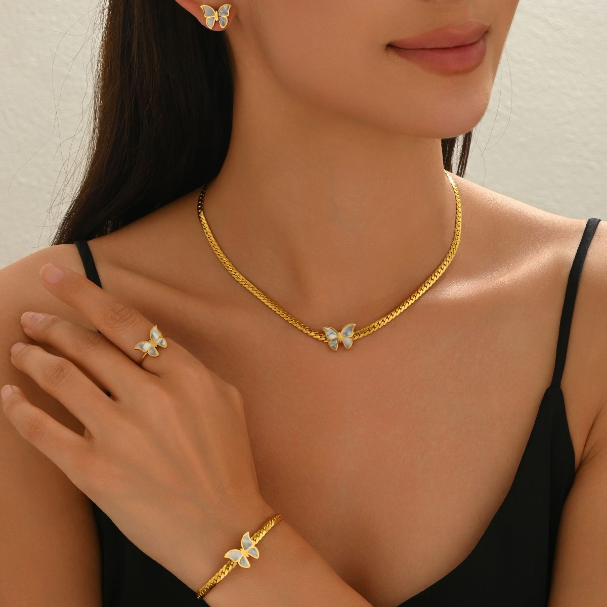 Lxalry 18K Gold Plated Stainless Steel Butterfly Jewelry Set for Women – Hypoallergenic Necklace, Earrings & Adjustable Ring, Waterproof & Tarnish-Free, Elegant Gift for Birthday, Girlfriend, Summer