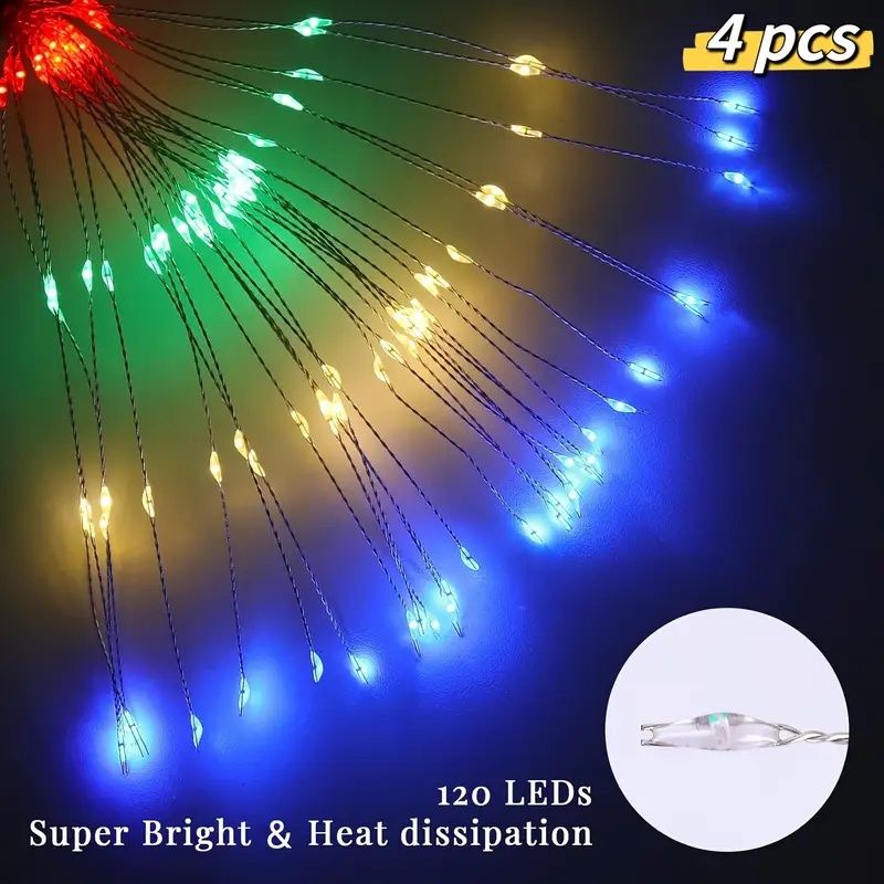 120 LED Solar Fireworks Lights, Starburst Fairy Lights with 8 Lighting Modes, IP4X, Solar Powered Pathway Lights for Patio, Yard, Christmas Holiday Decor, Plastic & Copper Material, No Feather,