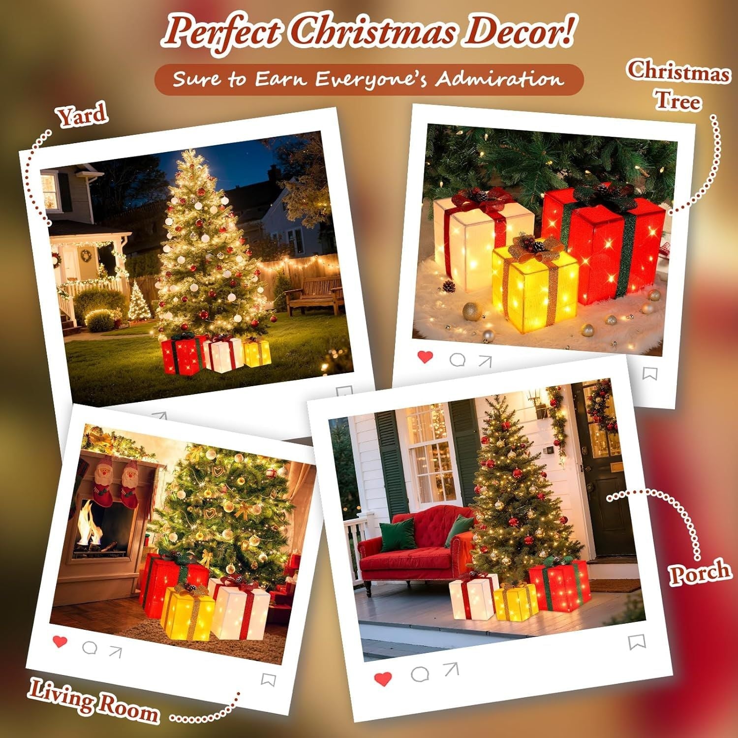 3 Pieces Large Gift Boxes for Christmas Decorations Outdoor, 10" 8" 6" with Pre-lit 70 LED Mini String Lights, Plug-in Warm White Present Boxes with Glitter for Christmas Wedding Party