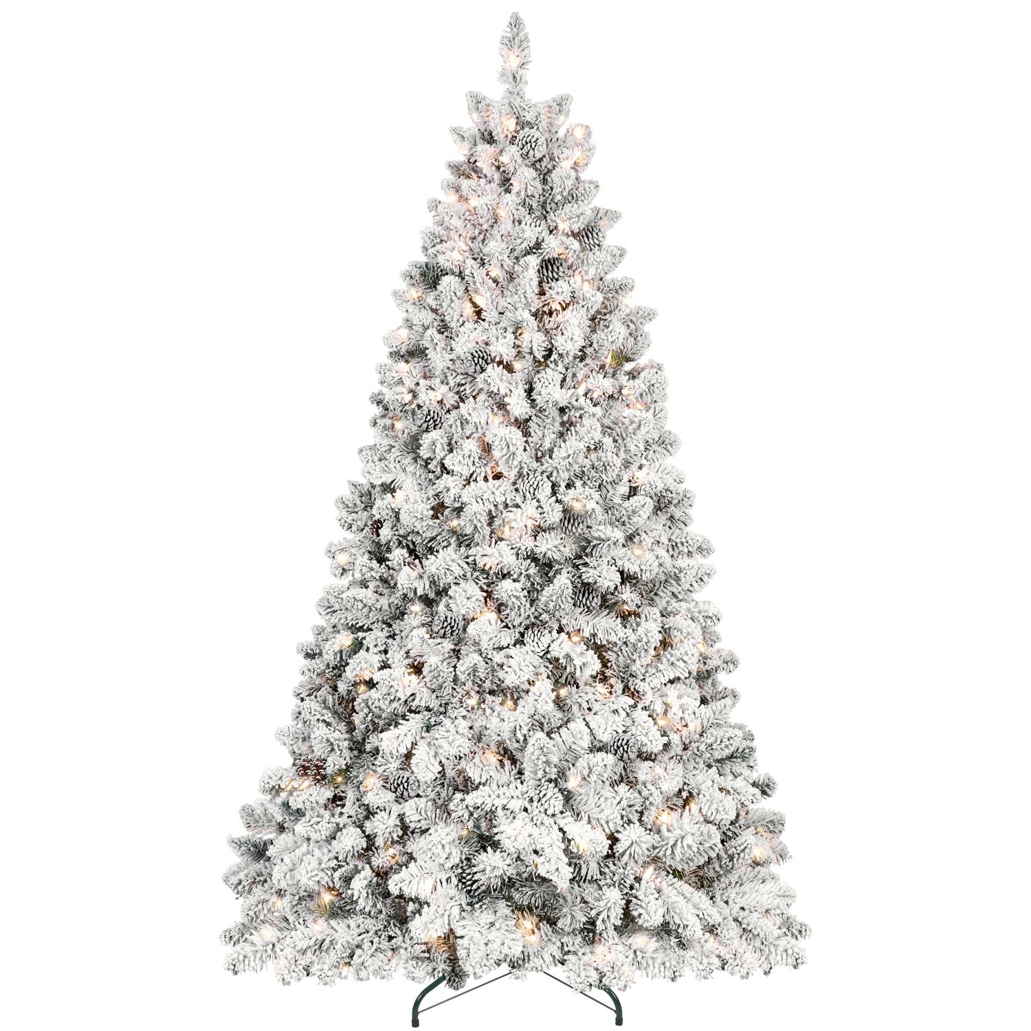 8ft Pre-lit Flocked Christmas Tree with 700 UL Lights & 54 Pine Cones & 1754 Tips Snow Frosted Artificial Xmas Tree