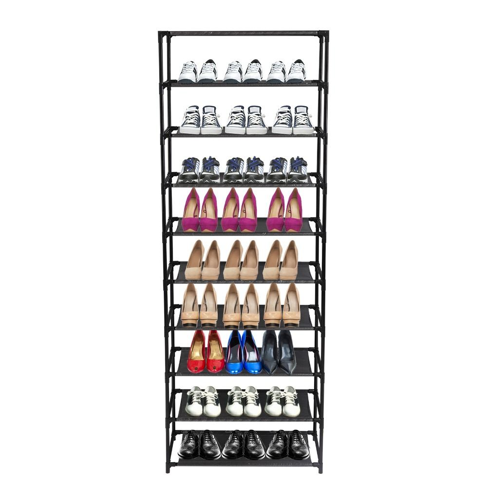 10 Tier Shoe Rack for 30 Pairs Freestanding Modular Organizer with Black Gray Tubes and Fabric Shelves Space Saving Shoe Storage for Entryway Closet Dorm Room Random New or Old Style