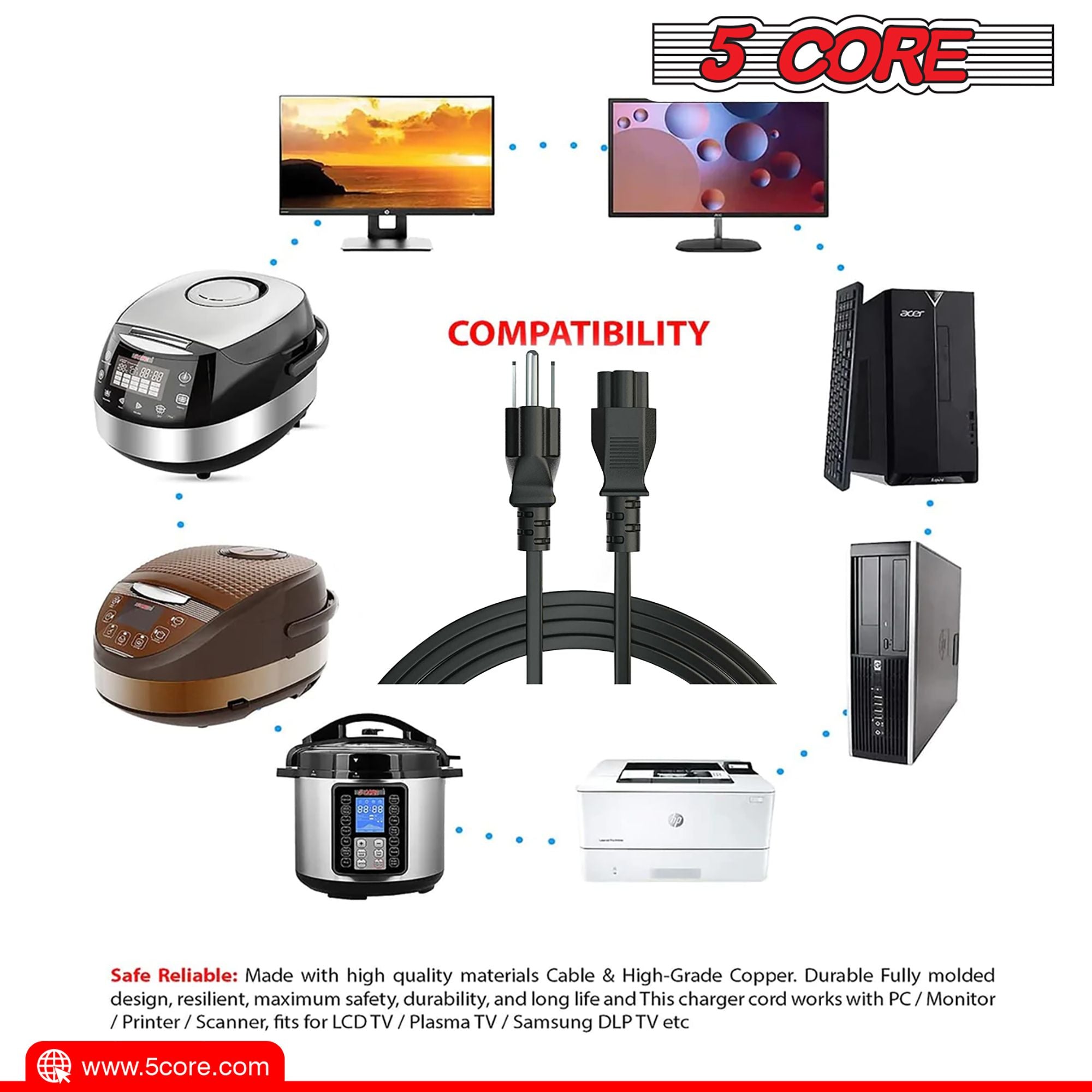 12ft 3 Prong Non-Polarized AC Wall Power Cable Cord for HP Dell Samsung Sony Asus Acer Toshiba Laptop Charger LED LCD Monitor Replacement Power Cord PL 1002