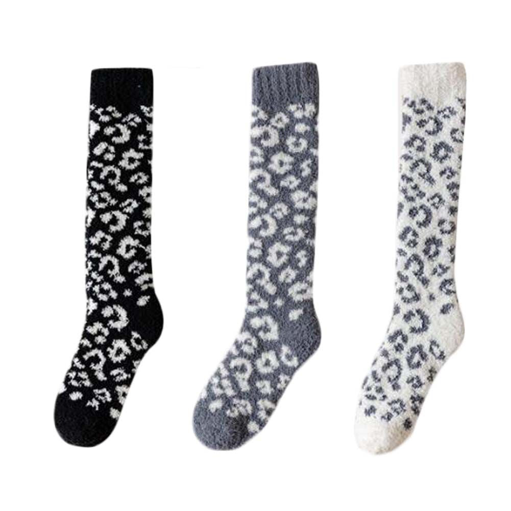 3 Pairs Leopard Print Coral Fleece Socks Women's Calf Socks Furry Winter Sleep Stockings,Black Grey White