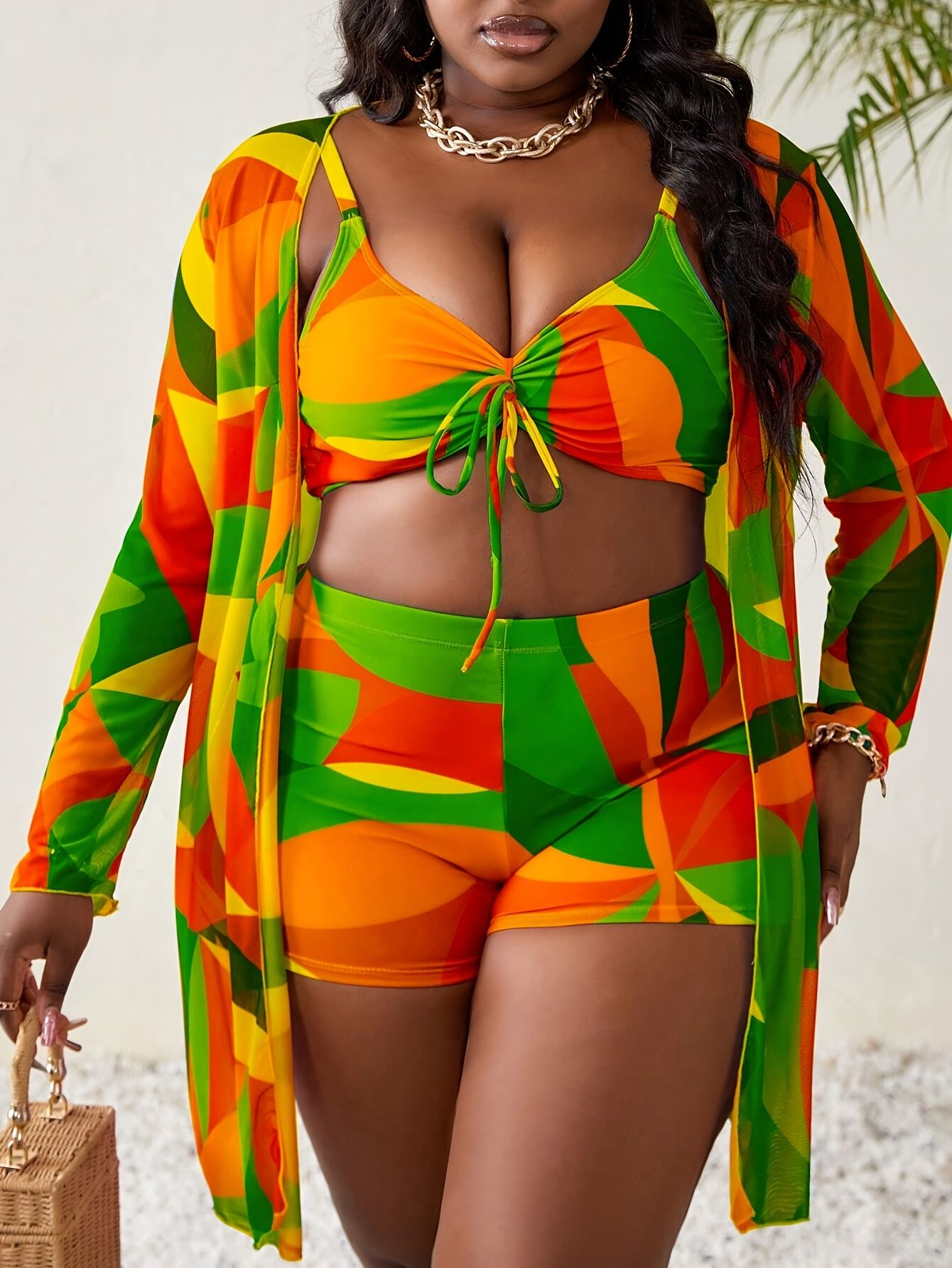 Plus Size Multi-Color Patchwork Printed V-Neck Camisole Boxer Shorts Slim Fit Covering Women's Beach Vacation Swimsuit Three-Piece Set