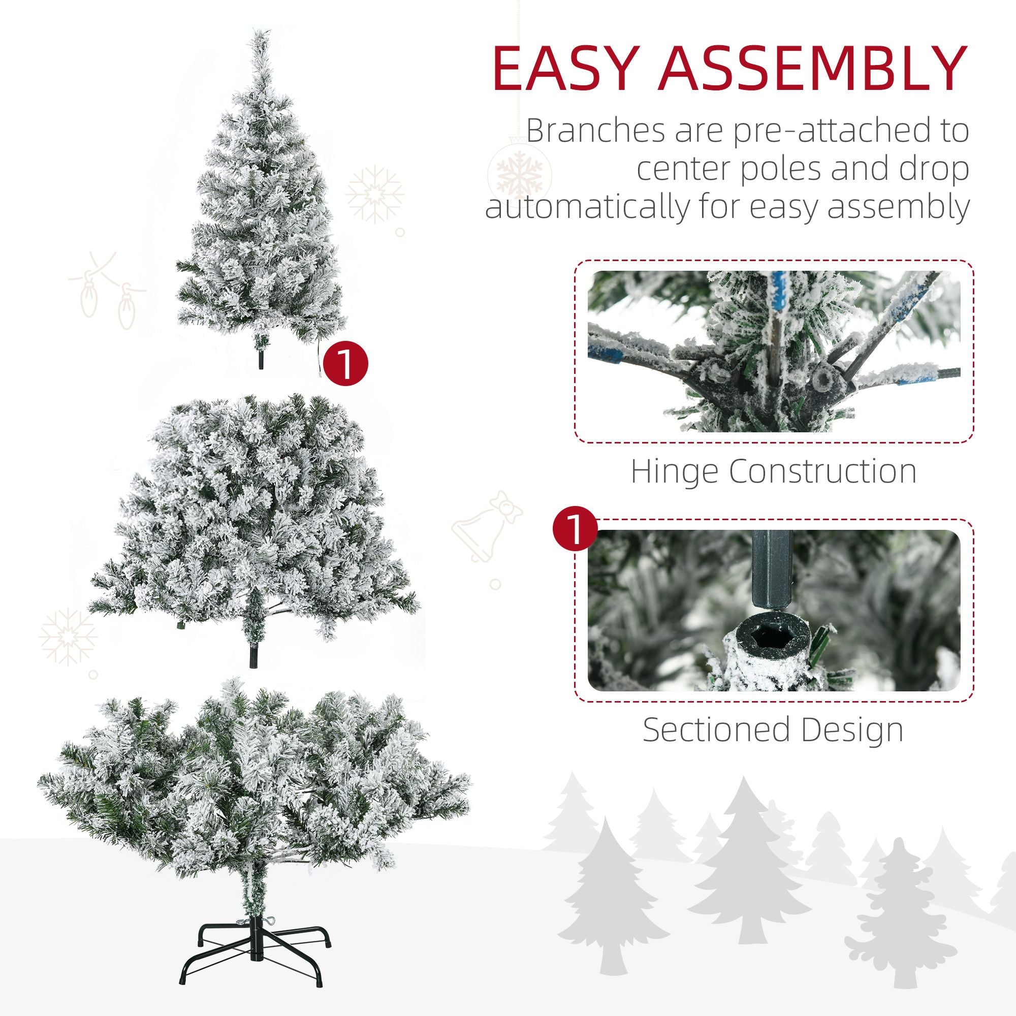 HOMCOM 6' Prelit Artificial Flocked Christmas Trees, with Snow Frosted Branches, Warm White LED Lights, Auto Open