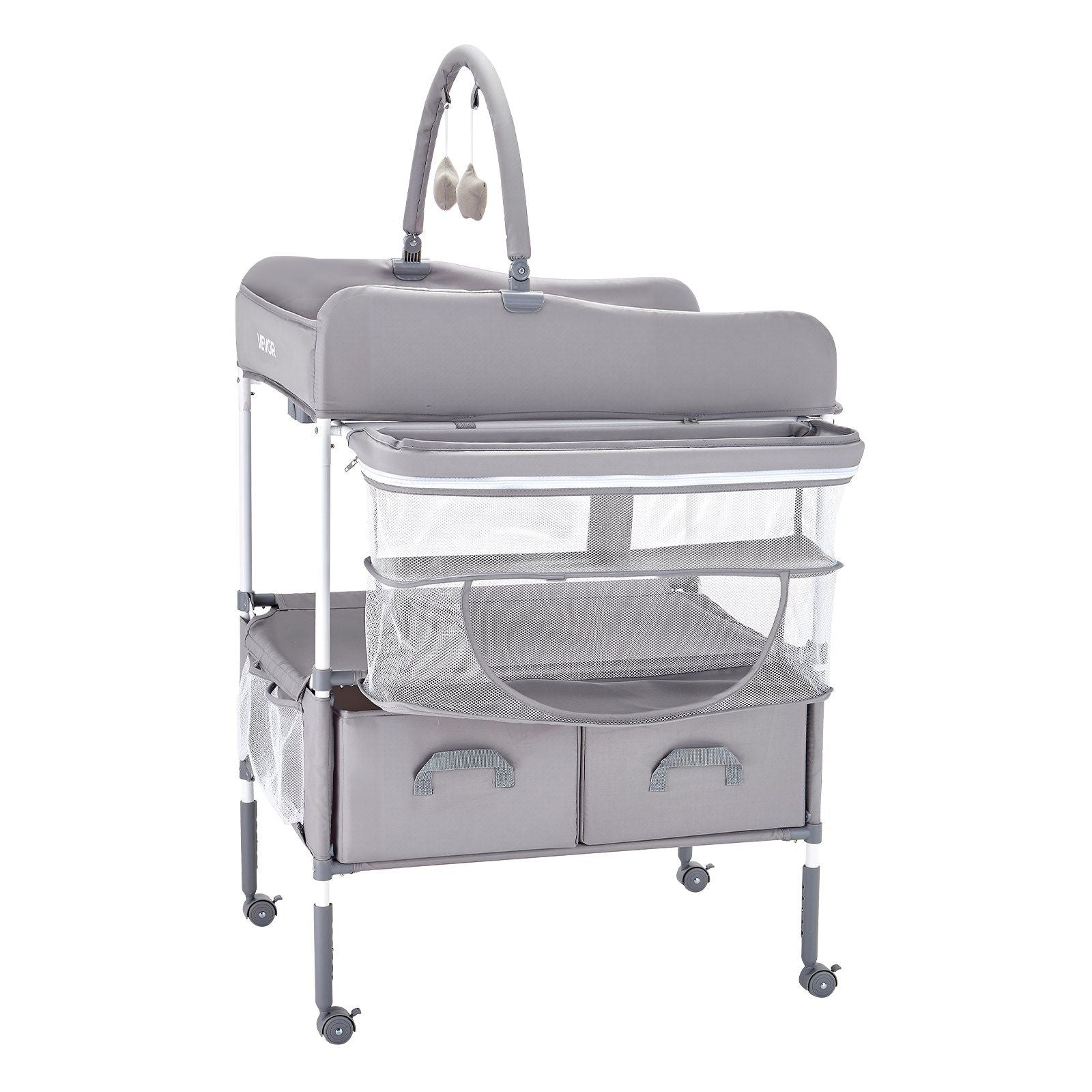Baby Changing Table, Foldable Diaper Change Station with 2 Fabric Drawers, Side Basket & Hanging Rod, Adjustable Height Portable Changing Table with Lockable Wheels & 2 Star Toys, Light Gray