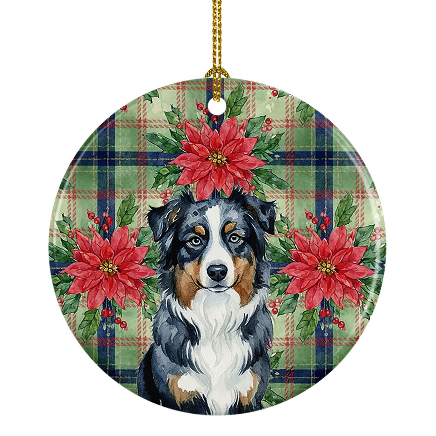 Black Australian Shepherd Christmas PoinsettIas Ceramic Ornament Christmas Tree Hanging Decorations for Home Christmas Holiday, Party, Gift, 3 in, Multicolor