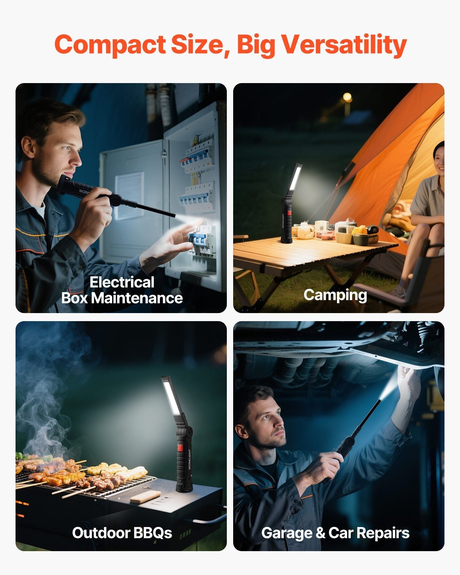 Rechargeable LED Work Light, 1200 mAh, Magnetic Mechanic Flashlight with Magnetic Base, 360° Rotation, 5 Lighting Modes, Foldable Grill Lamp for Mechanics, Car Repairs, Home, Emergency (2 Pack)