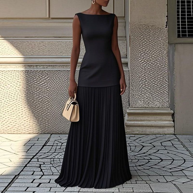 Fashion Summer Vacation Outfit Woman 2025 Spring Crew Neck Top Pullover & Pleated Skirts Suit Sexy Sleeveless Slim Two Piece Set