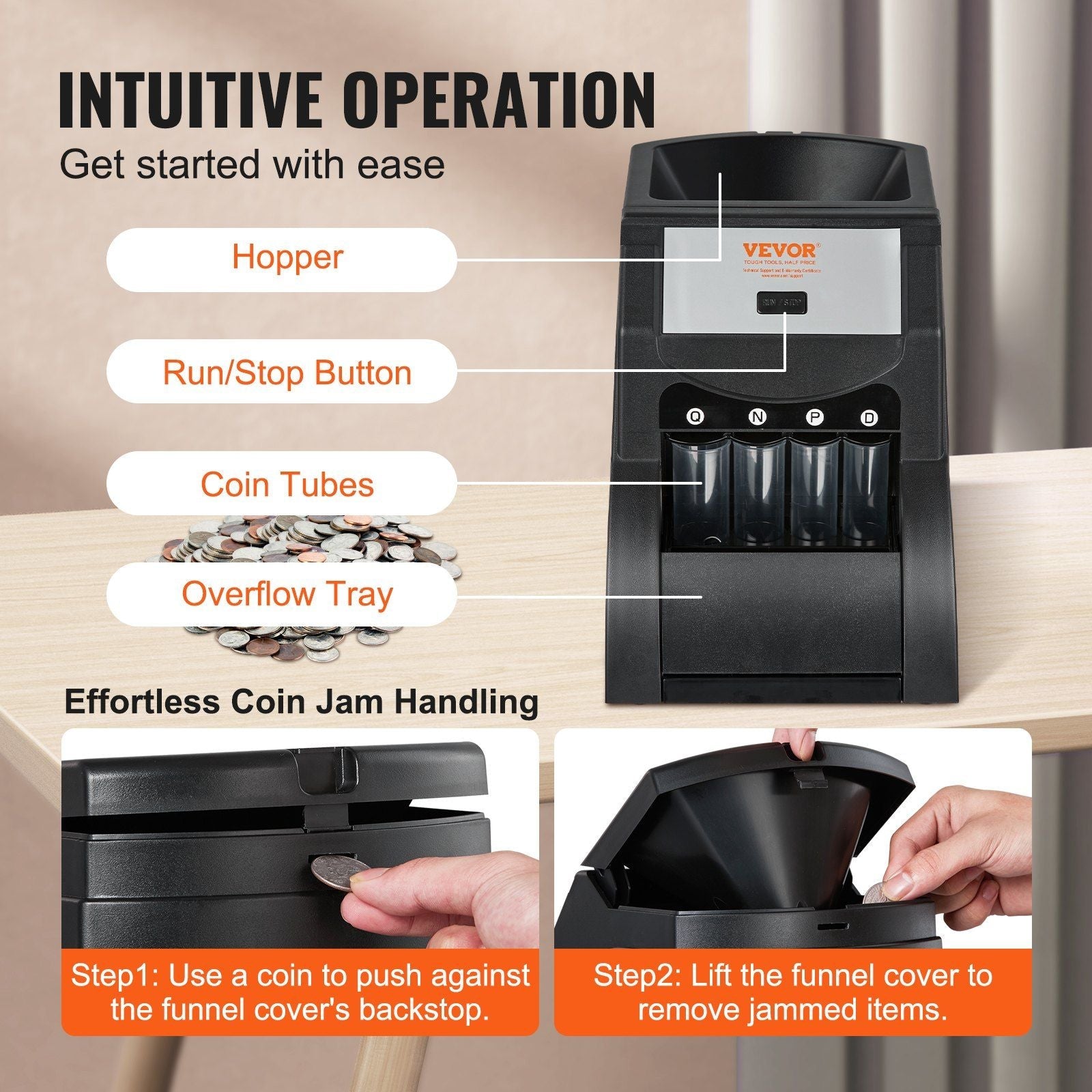 USD Coin Sorter, Coin Sorter Machine for USD Coin 1¢ 5¢ 10¢ 25¢, Sorts up to 230 Coins/min, Coin Sorter and Wrapper Machine Holds 200 Coins Included 4 Coin Tubes, Black