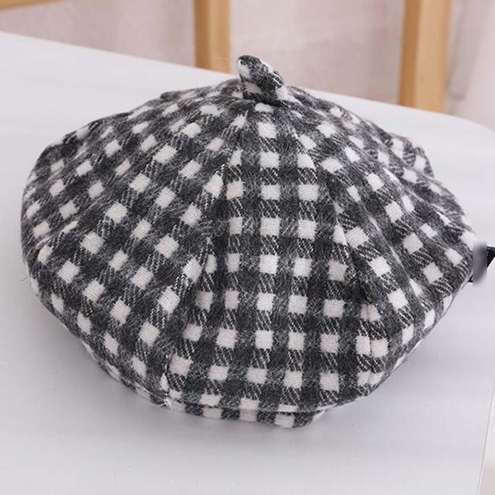 Grey Kids Fall Winter Hat Gingham Beret Hat Outing Casual School Kids Hat Warm Beanie Cap,3-8Y