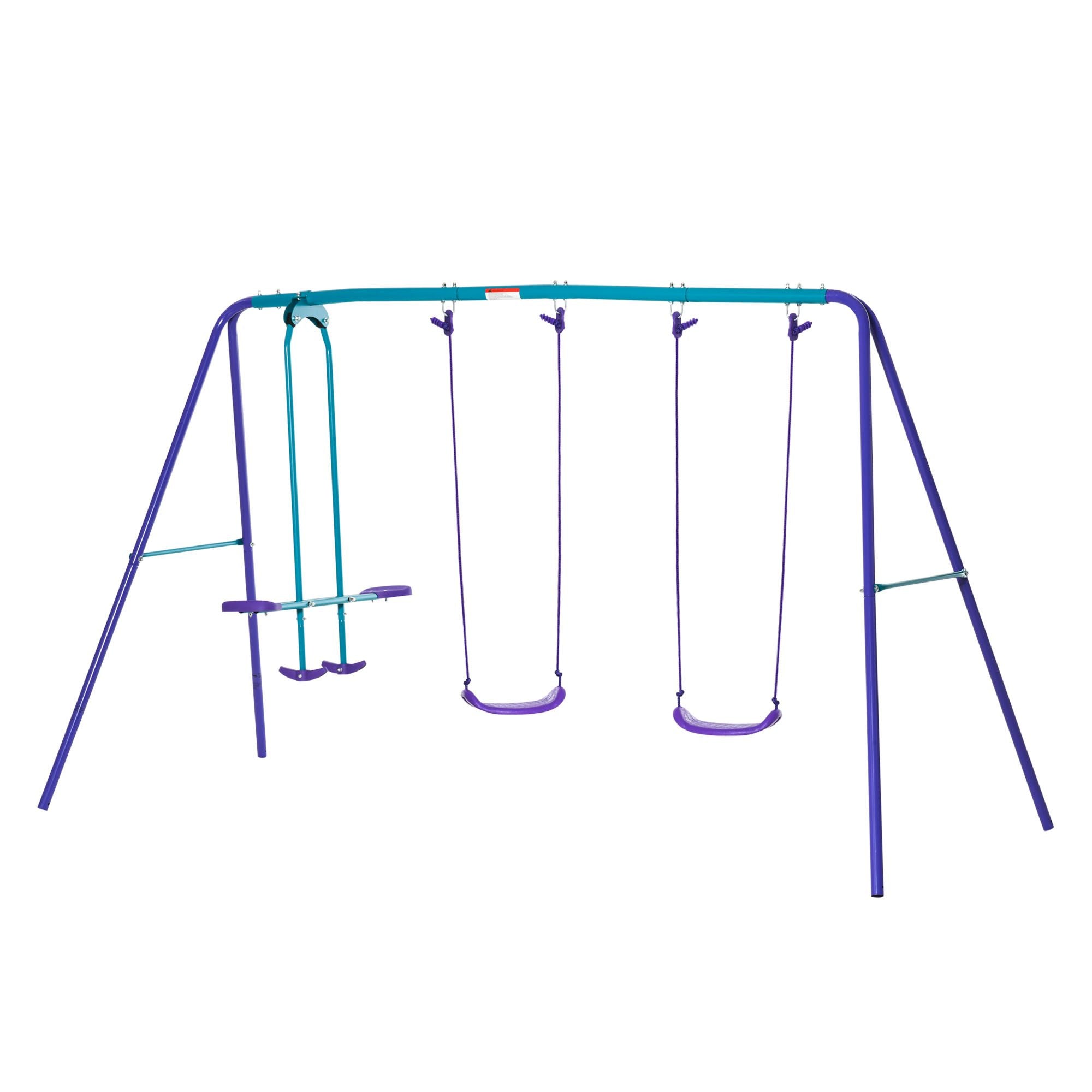 Outsunny Metal Swing Set with Glider, Two Swing Seats and Adjustable Height, Outdoor Heavy Duty A-Frame Suitable for Playground, Backyard, Purple