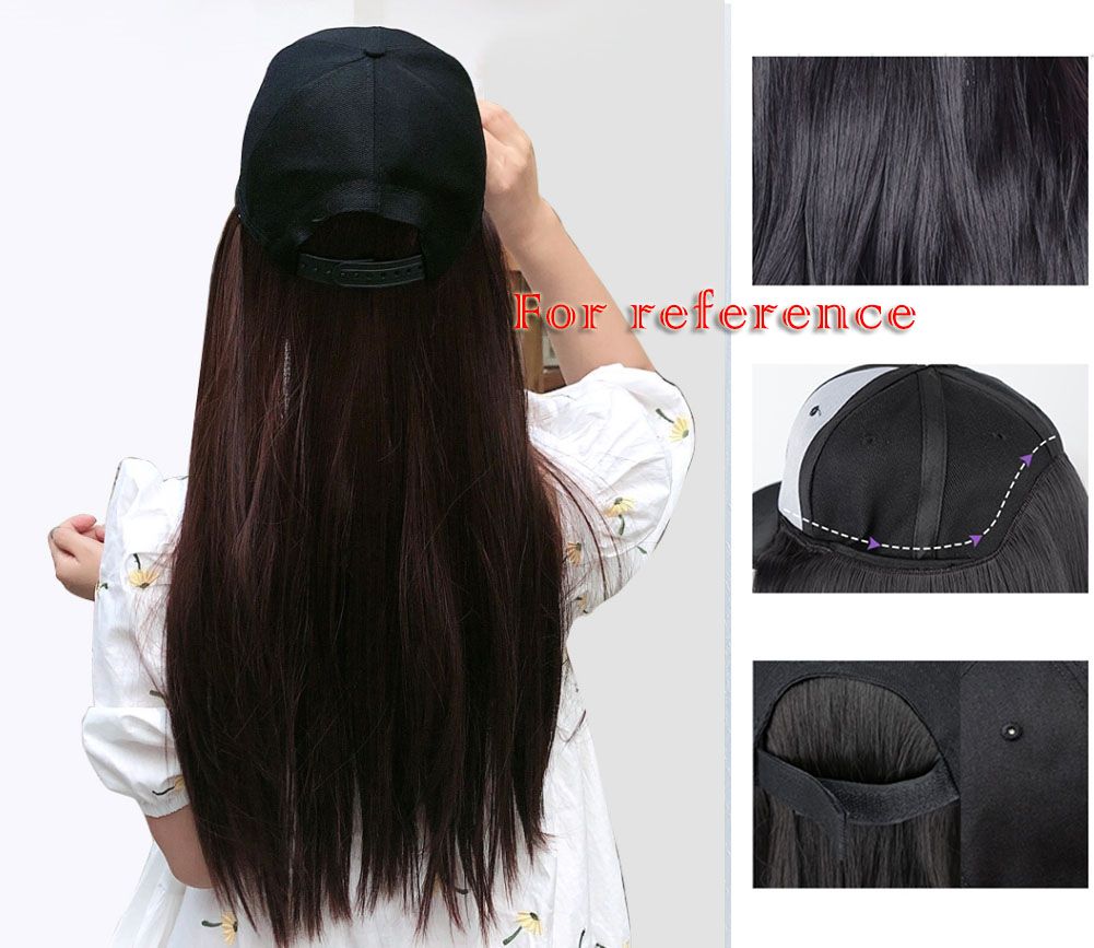 Hat Hair Extension Baseball Cap With Black Long Straight Synthetic Hair Attached Adjustable Wig Cap