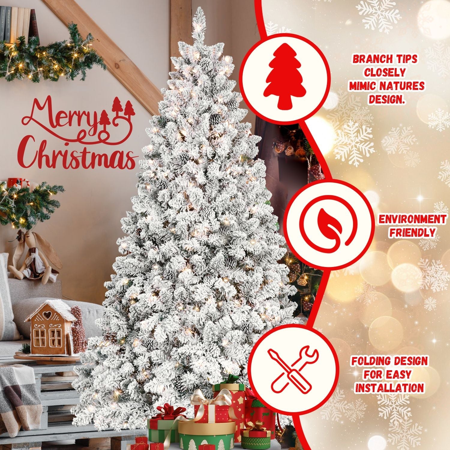 8ft Pre-lit Flocked Christmas Tree with 700 UL Lights & 54 Pine Cones & 1754 Tips Snow Frosted Artificial Xmas Tree