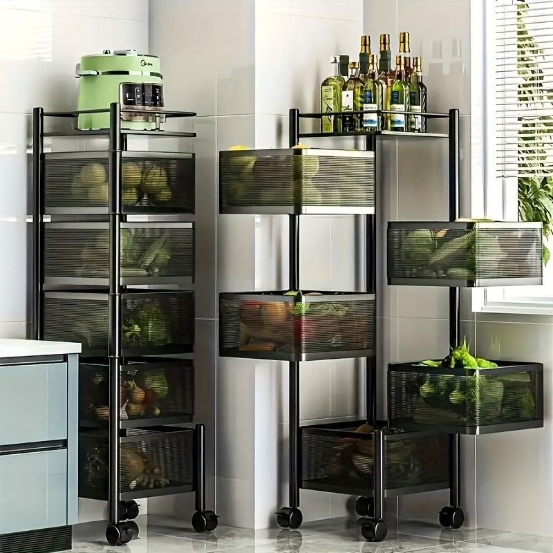 Rotating Kitchen Storage Shelf 5 Tier, Metal Fruit Vegetable Storage Basket Multi-Layer Vegetable Rack Storage Trolley on Wheels, Floor-Standing Basket for Kitchen Bathroom, Square