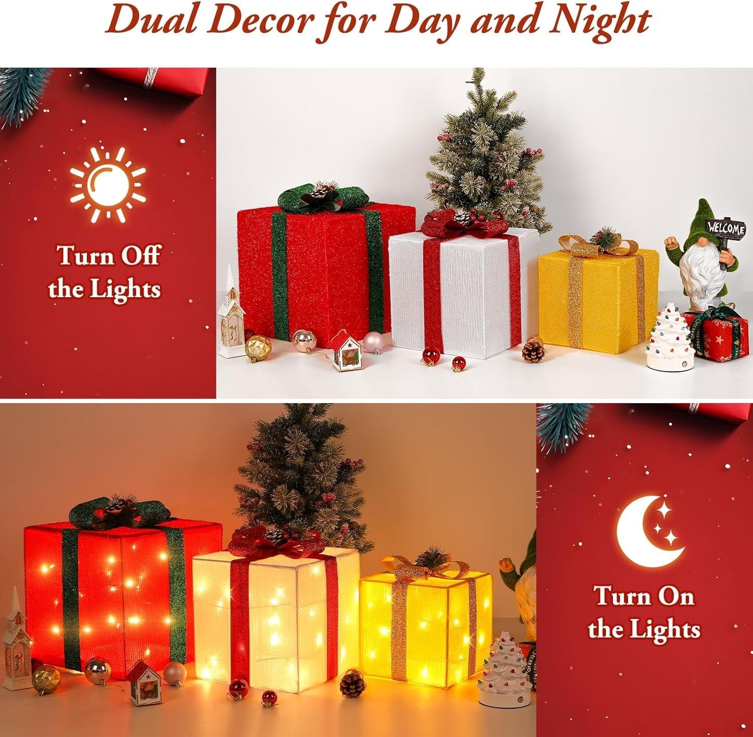3 Pieces Large Gift Boxes for Christmas Decorations Outdoor, 10" 8" 6" with Pre-lit 70 LED Mini String Lights, Plug-in Warm White Present Boxes with Glitter for Christmas Wedding Party
