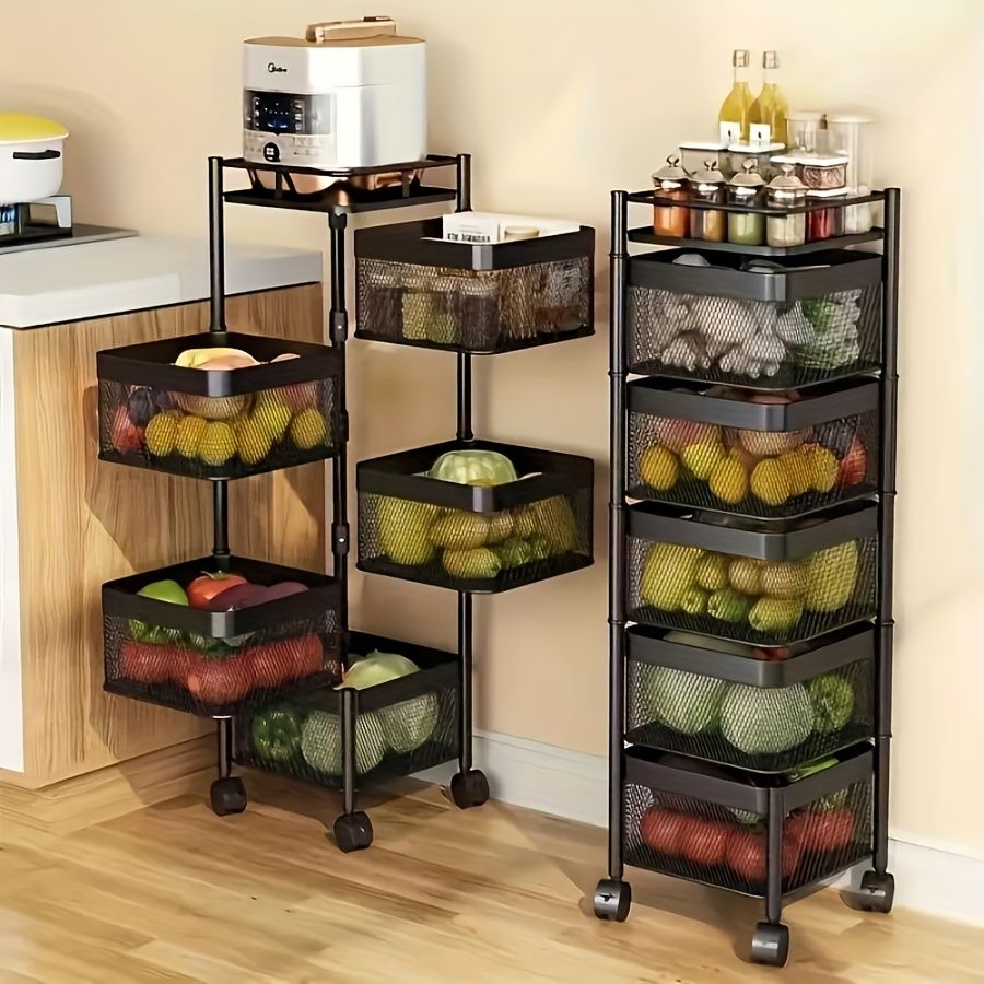 Rotating Kitchen Storage Shelf 5 Tier, Metal Fruit Vegetable Storage Basket Multi-Layer Vegetable Rack Storage Trolley on Wheels, Floor-Standing Basket for Kitchen Bathroom, Square