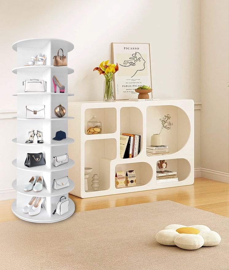 7 Tier Rotating Shoe Rack Tower, Spinning Shoe Display, 360 Shoe Rack Storage Round Carousel, Vertical Handbag Rotate Shoes Closet Organization, Christmas Gift (WHITE)