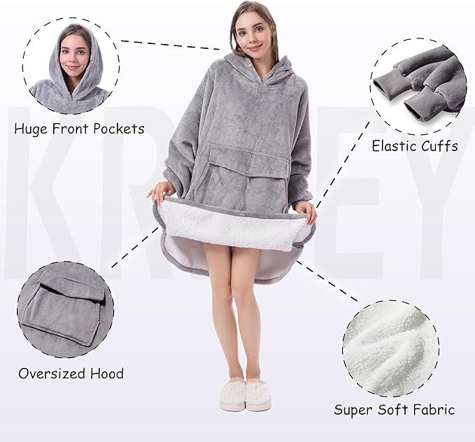 Krifey Wearable Blanket Hoodie, Oversized Sherpa Hooded as Birthday Gifts Christmas Gifts for Mom Women Girlfriend Men, Cozy Sweatshirt with Giant Pocket
