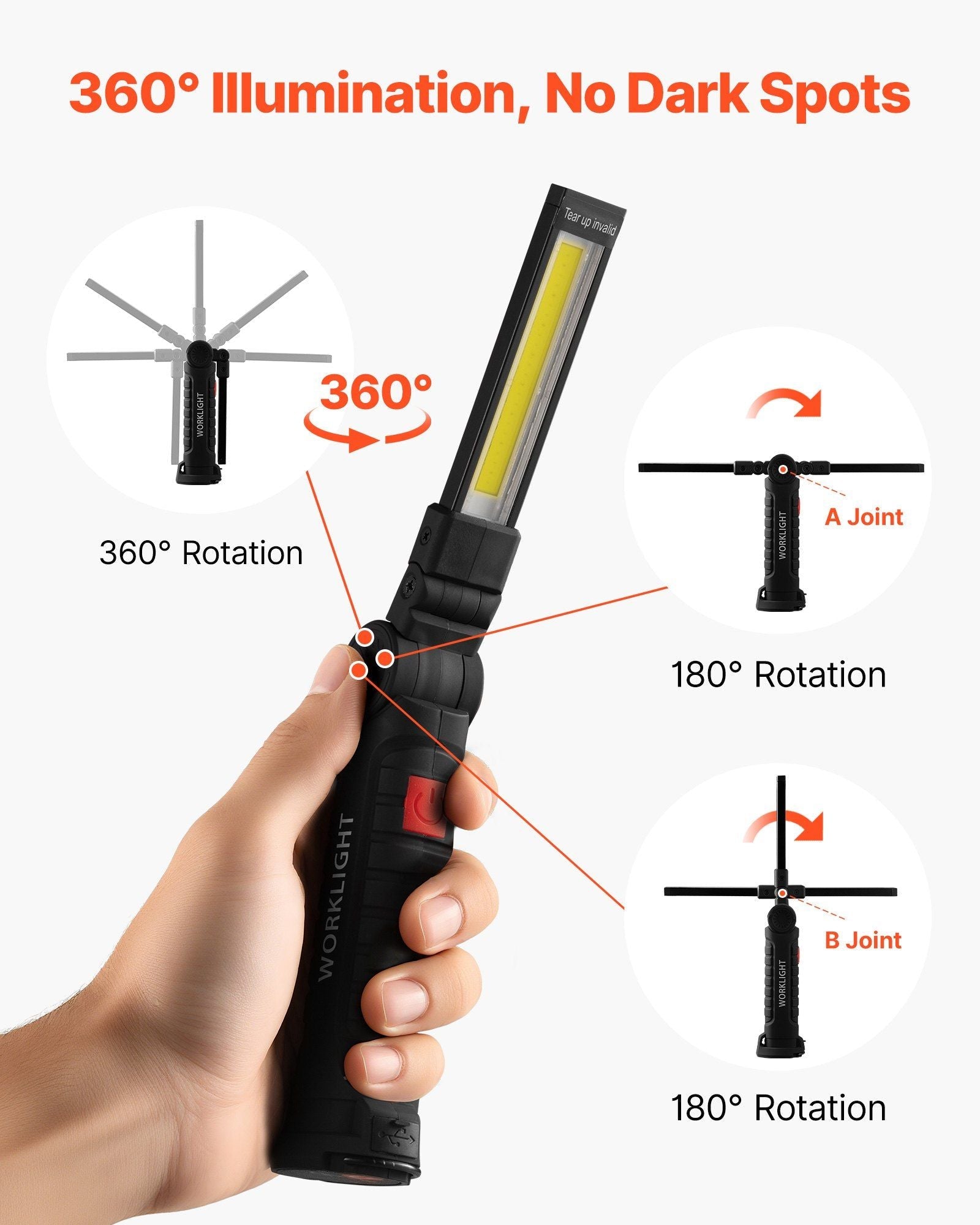 Rechargeable LED Work Light, 1200 mAh, Magnetic Mechanic Flashlight with Magnetic Base, 360° Rotation, 5 Lighting Modes, Foldable Grill Lamp for Mechanics, Car Repairs, Home, Emergency (2 Pack)