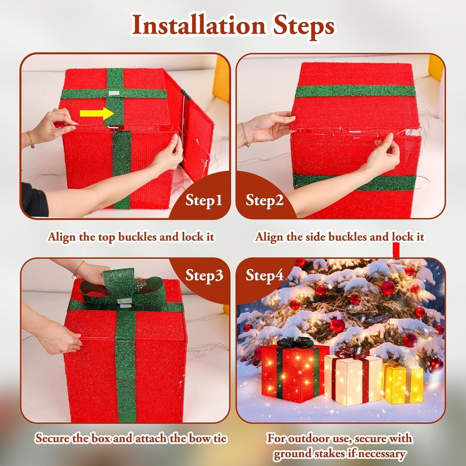 3 Pieces Large Gift Boxes for Christmas Decorations Outdoor, 10" 8" 6" with Pre-lit 70 LED Mini String Lights, Plug-in Warm White Present Boxes with Glitter for Christmas Wedding Party