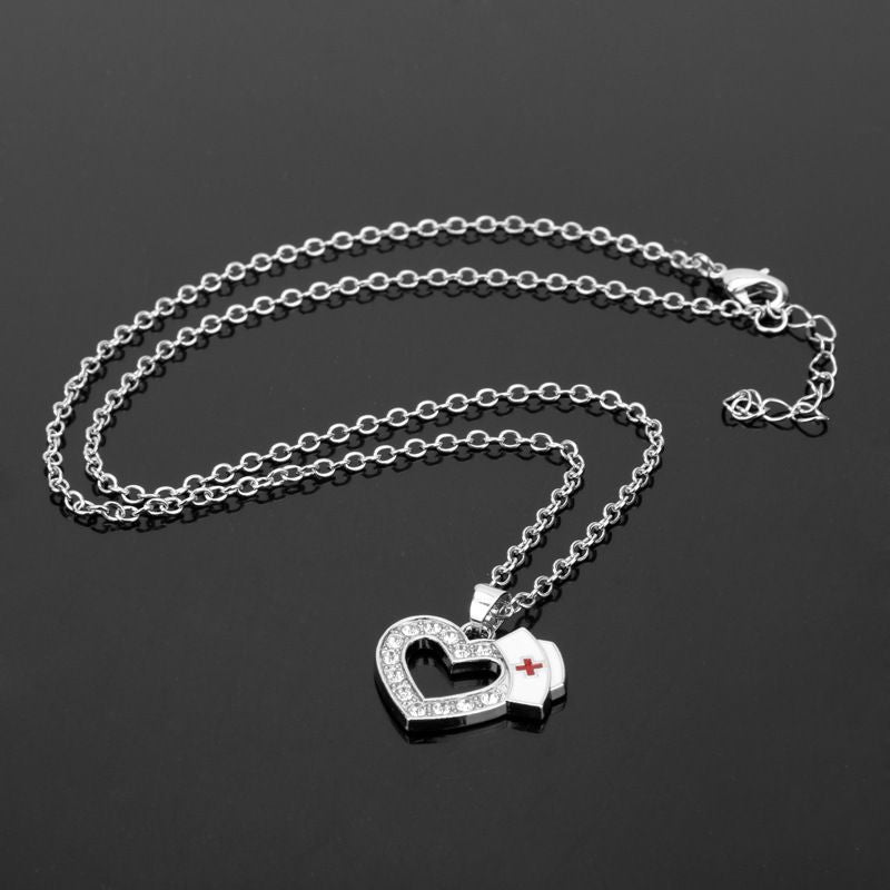(Dedicated to our Nurses) Creative New Diamond Heart-shaped Nurse Hat Pendant Necklace