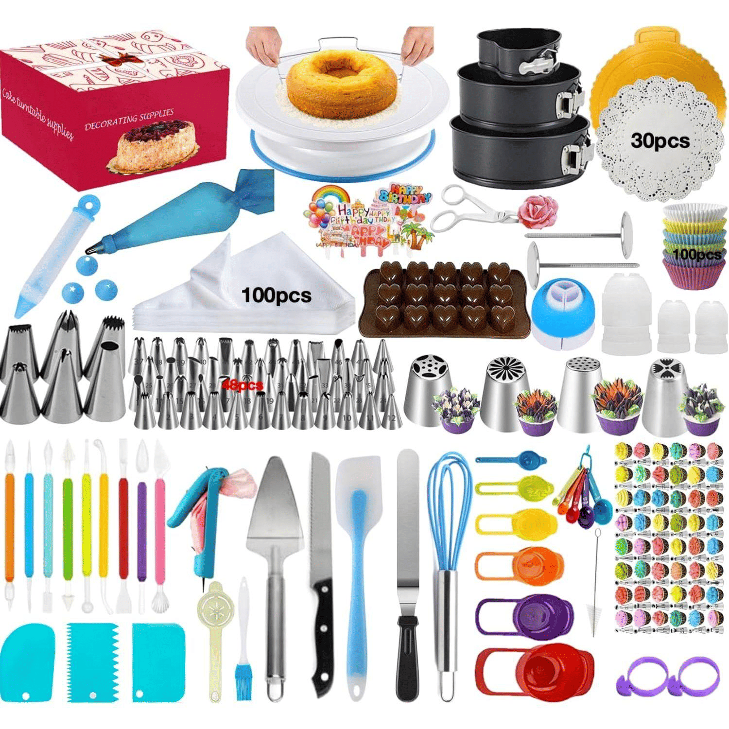 Deluxe Cake Decorating Set - Unleash your pastry potential, premium rotating cake turntable, wide range of 48 decorating nozzles, 3-pack springform cake pan, total of 390 accessories