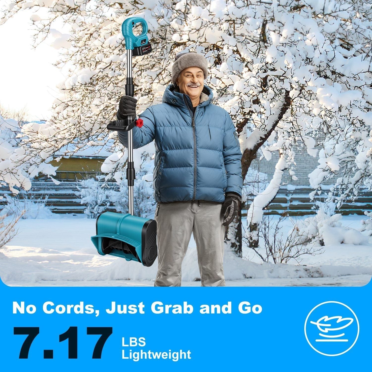 7.17lbs Lightweight Cordless Snow Shovel, 800W High Power Foldable Snow Thrower with Safety Goggles & Gloves for Winter Driveway Patio Cleaning