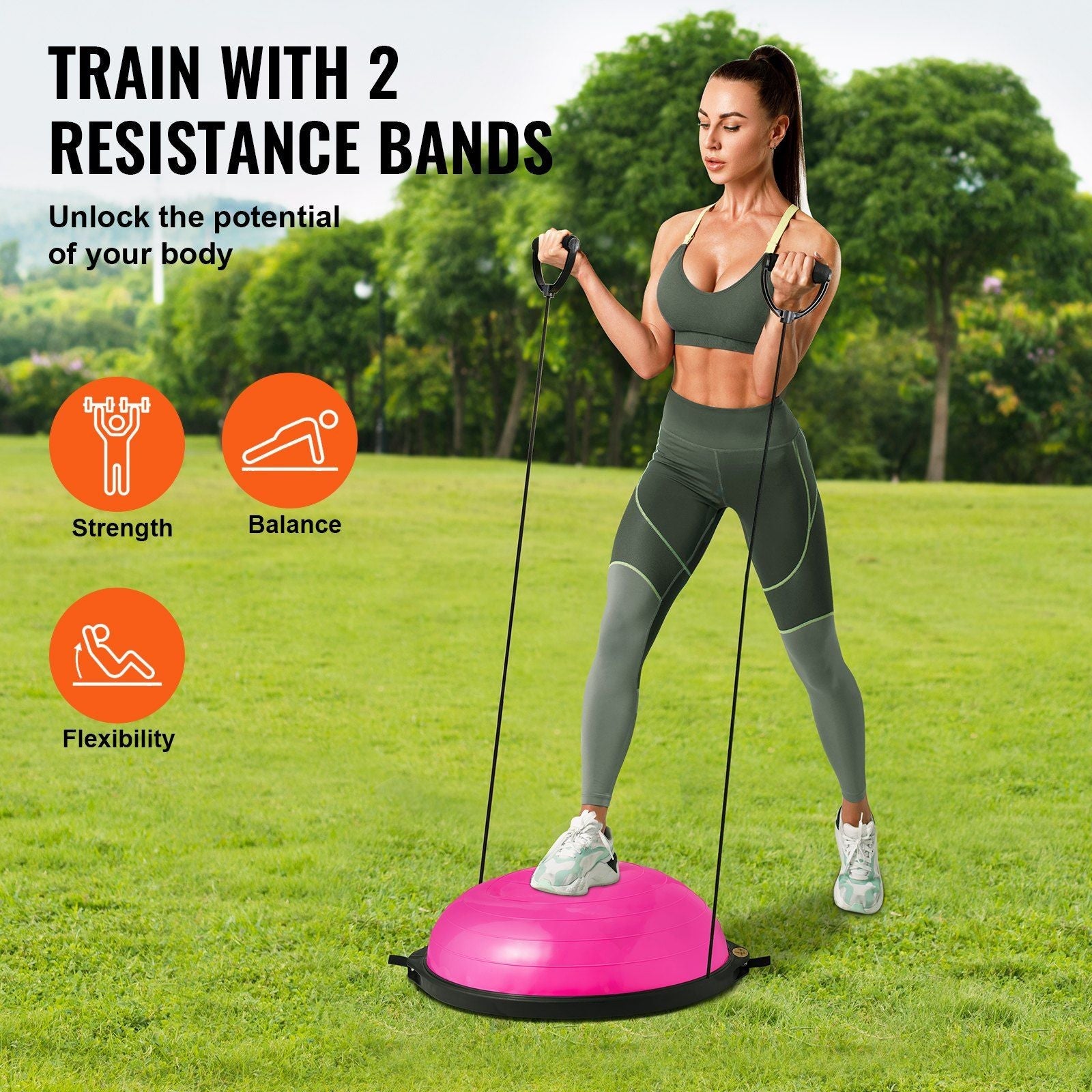 Half Exercise Ball Trainer, 26 inch Balance Ball Trainer, 1500lbs Capacity Stability Ball, Yoga Ball with Resistance Bands & Foot Pump, Strength Fitness Ball for Home Gym Full Body Workout, Pink