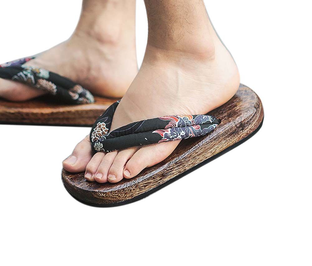Japanese Wooden Clogs for Mens Sandals Japan Traditional Flat Shoes Black Kirin Pattern Non-slip Geta
