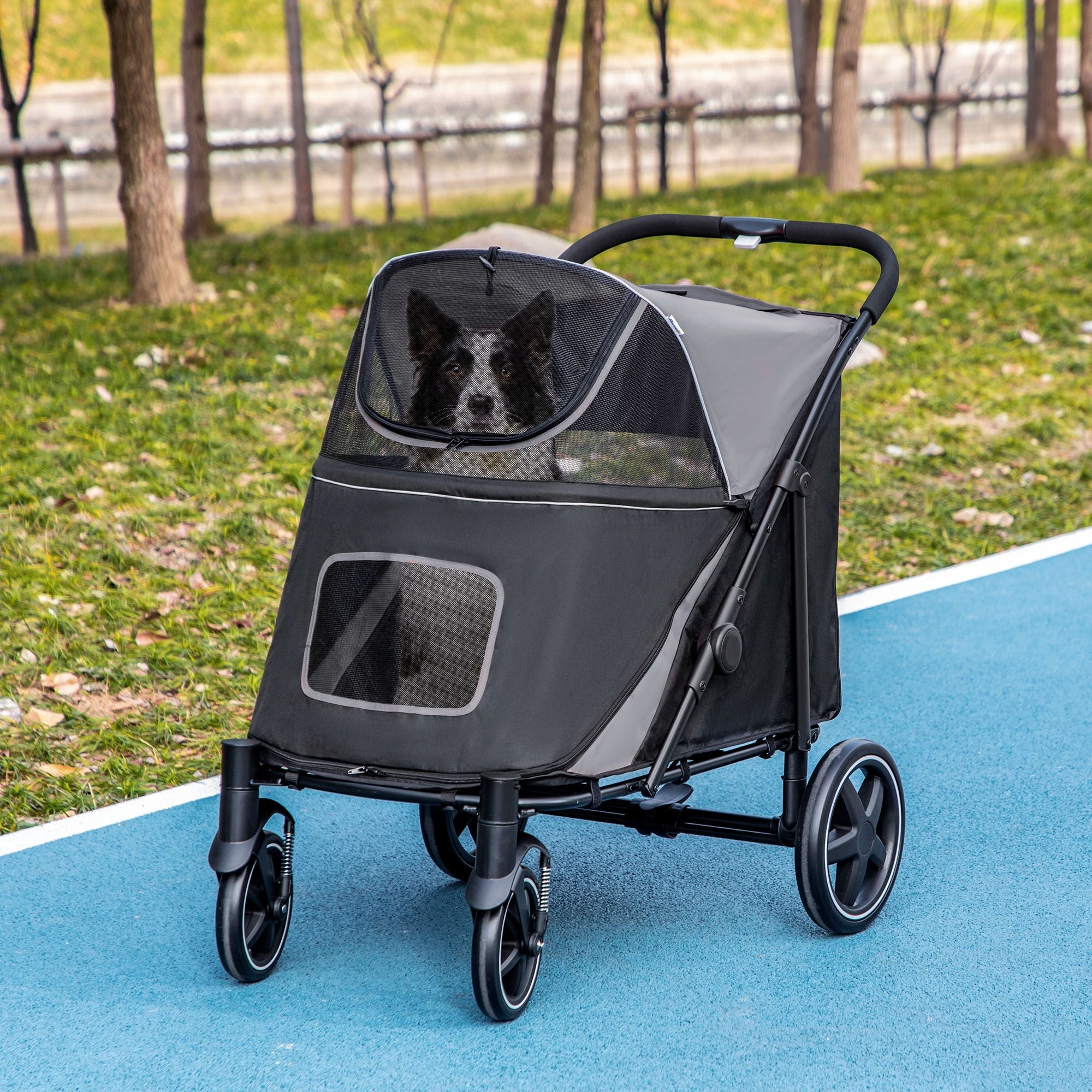 PawHut Pet Stroller Dog Cat Carriage One Click Fold with Universal Front Wheels Shock Absorber Brakes Storage Bags Mesh Window